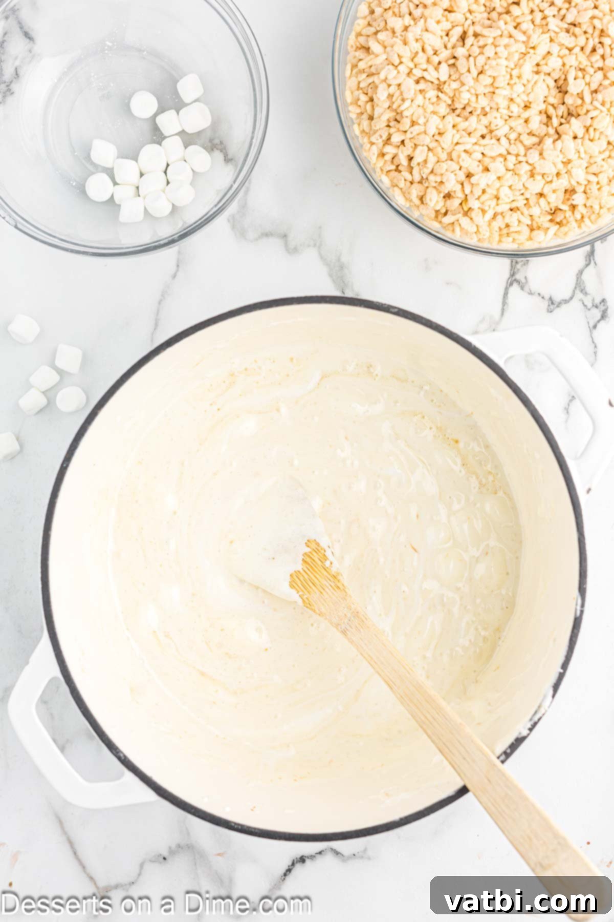 The Ultimate Rice Krispie Treat Recipe 6 Marshmallow and butter mixture completely melted and smooth in a saucepan.
