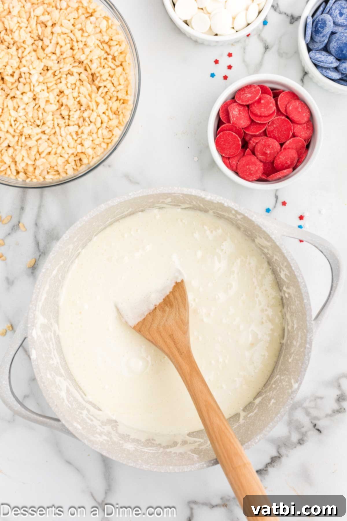 Patriotic Rice Krispie Delights 4 Saucepan with melted marshmallows and butter.
