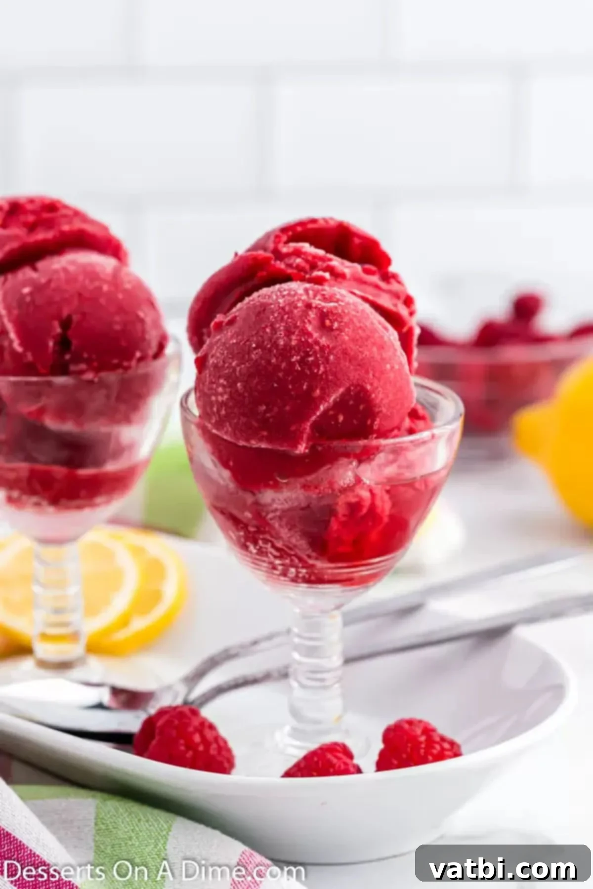 Pure Raspberry Bliss 2 Raspberry Sorbet and a serving dish with fresh raspberries on the side.
