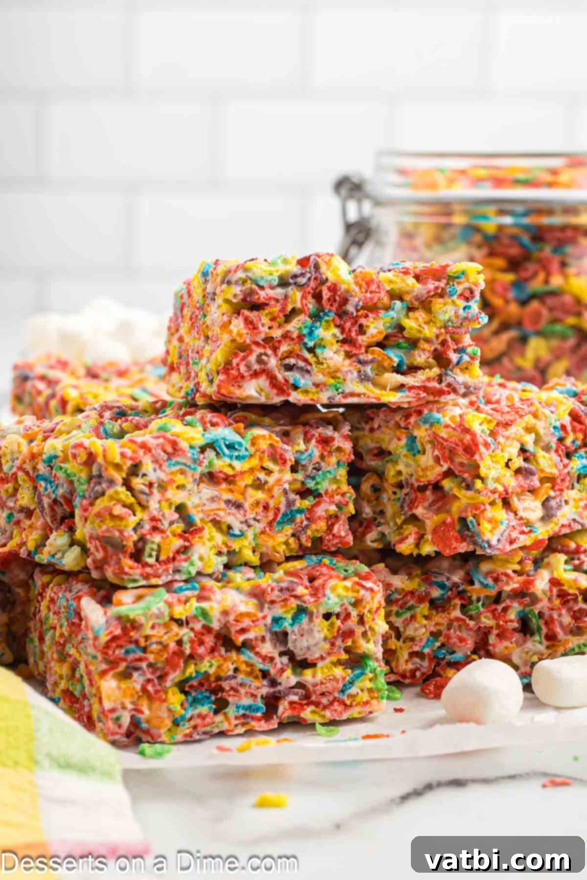Fruity Pebbles bars stacked together. 