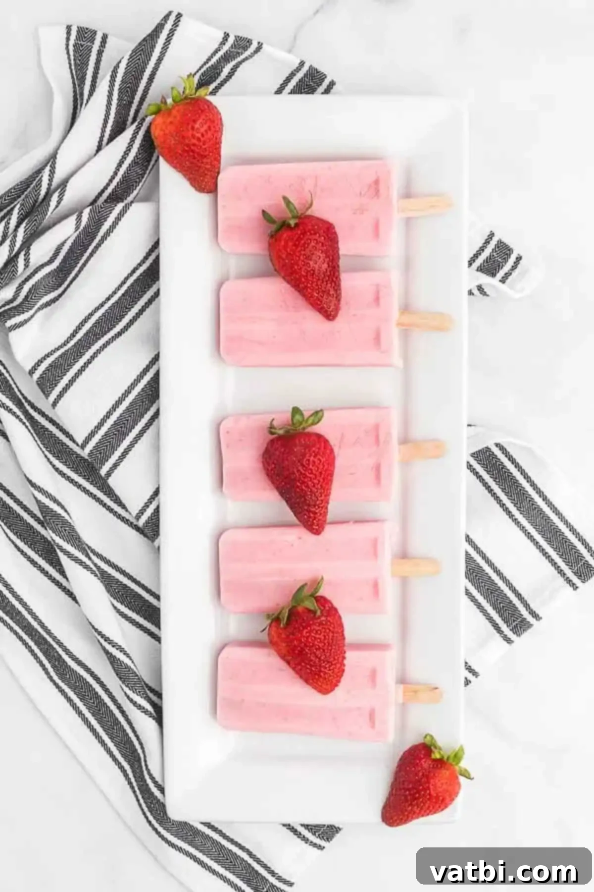 Refreshing Strawberry Yogurt Pops 6 Strawberry yogurt popsicles on a platter. A delightful arrangement of strawberry yogurt popsicles, inviting a refreshing bite.