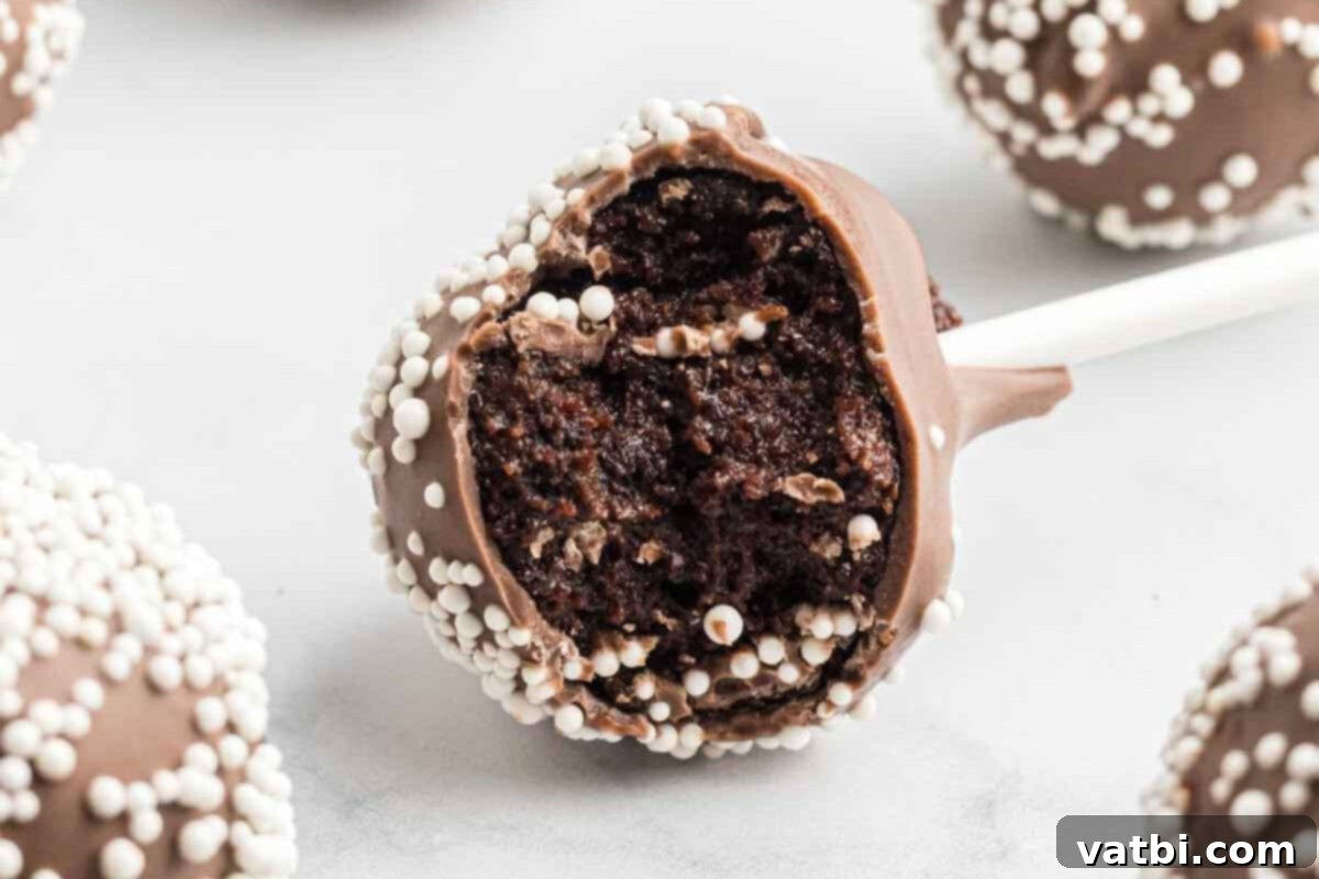 Copycat Starbucks Chocolate Cake Pops 2 Starbucks Cake Pops up close, showing their rich chocolate coating and festive sprinkles.