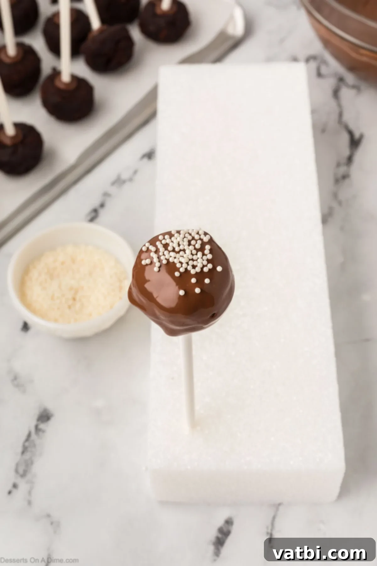 Copycat Starbucks Chocolate Cake Pops 14 A freshly coated chocolate cake pop, adorned with sprinkles, is inserted upright into a stand for drying.