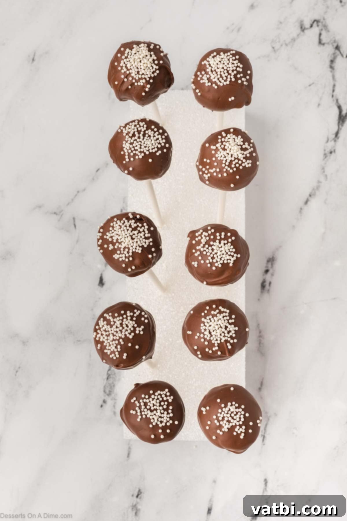 Copycat Starbucks Chocolate Cake Pops 15 Several finished chocolate cake pops, coated with chocolate and topped with white sprinkles, standing upright in a display stand.