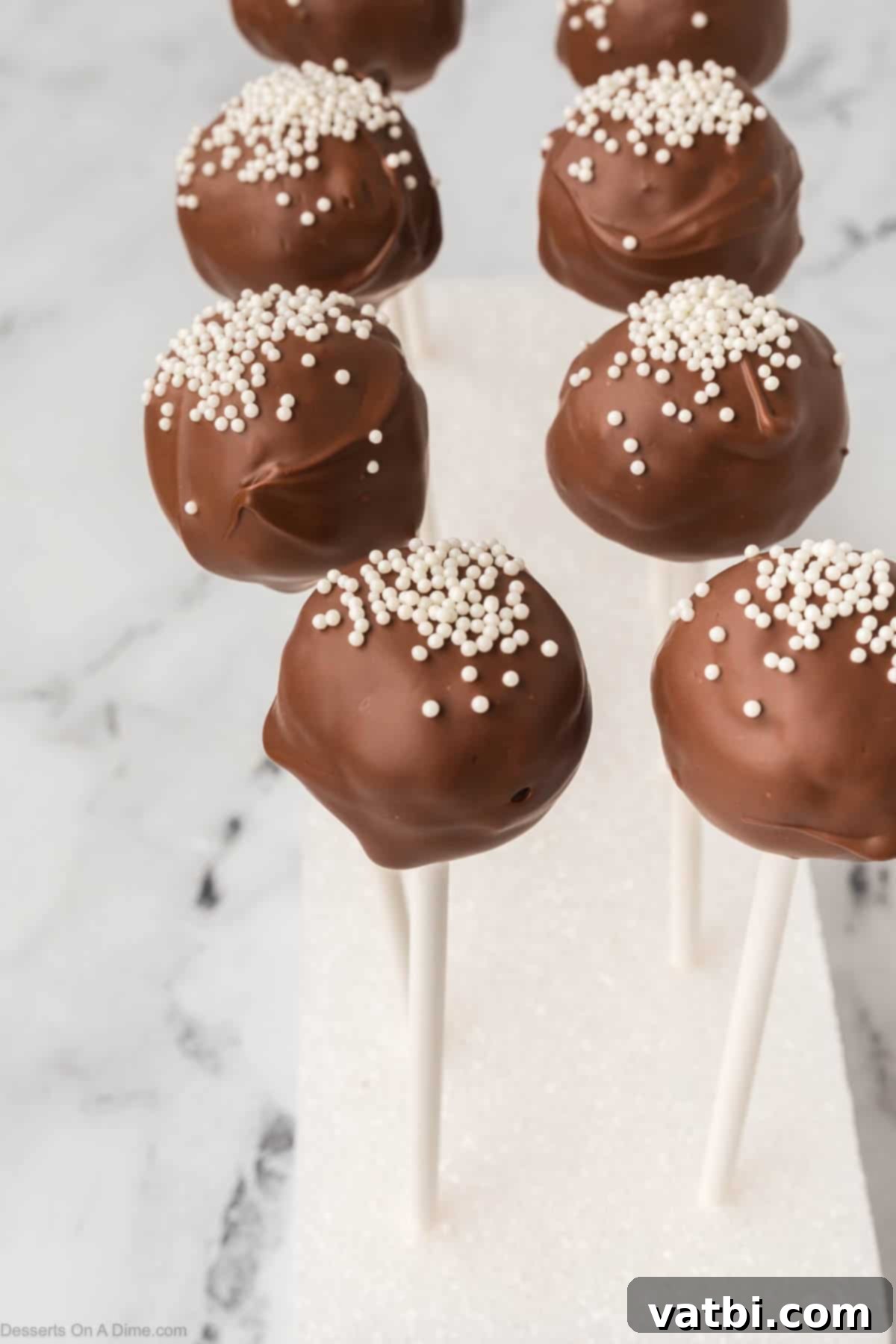 Copycat Starbucks Chocolate Cake Pops 16 A close-up of beautifully decorated chocolate cake pops with white sprinkles, standing in a display stand.
