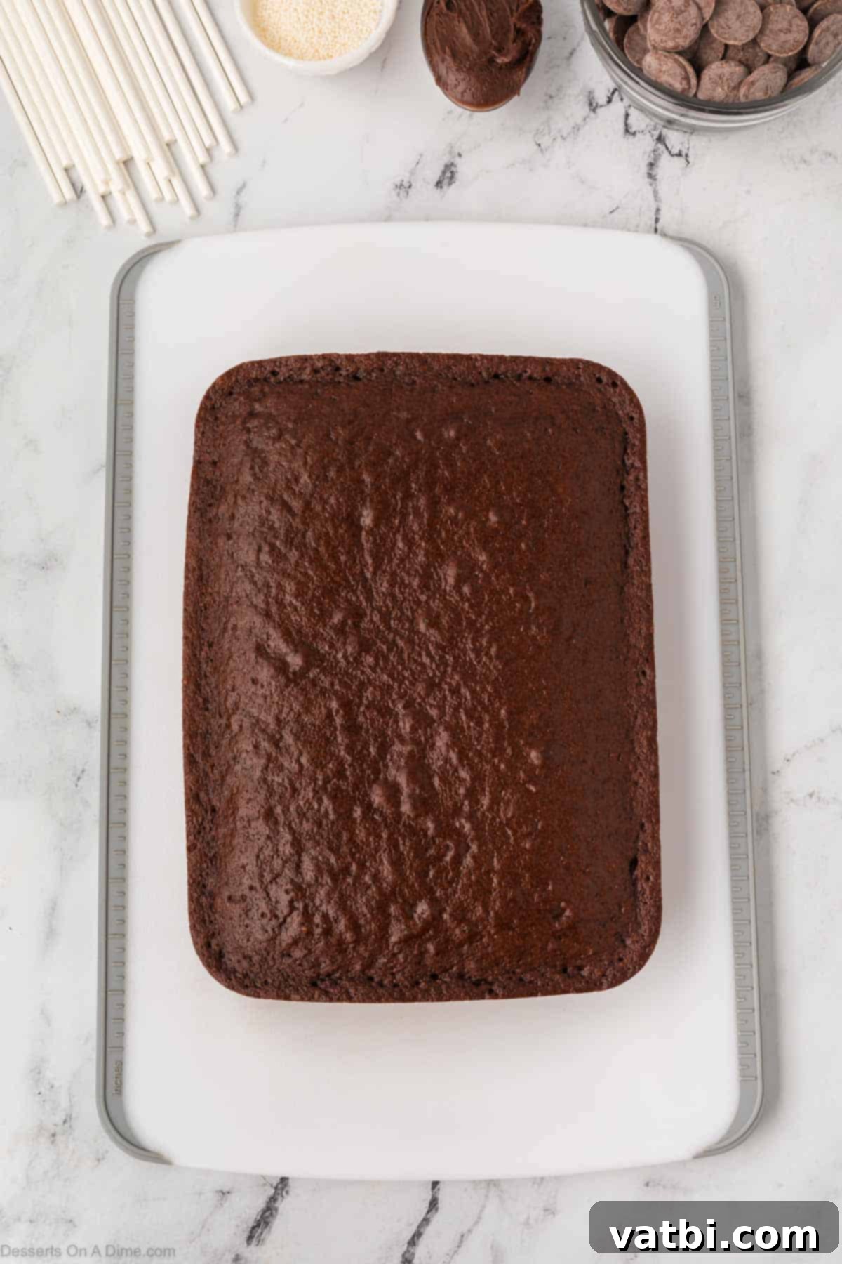 Copycat Starbucks Chocolate Cake Pops 5 A cooled chocolate cake has been carefully removed from its baking pan and placed onto a cutting board.