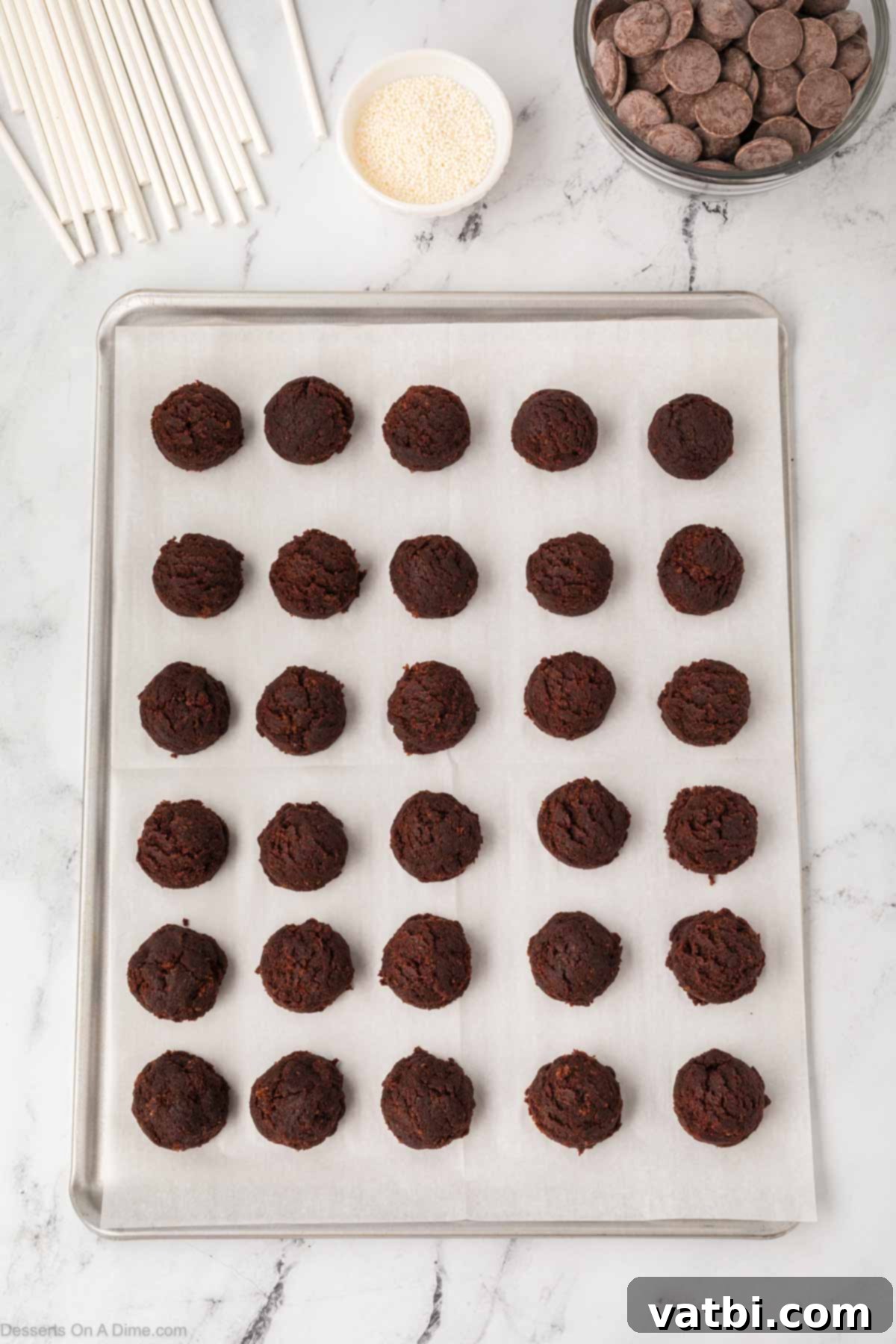 Copycat Starbucks Chocolate Cake Pops 9 Uniform chocolate cake balls are neatly arranged on a parchment-lined baking sheet, ready for chilling.