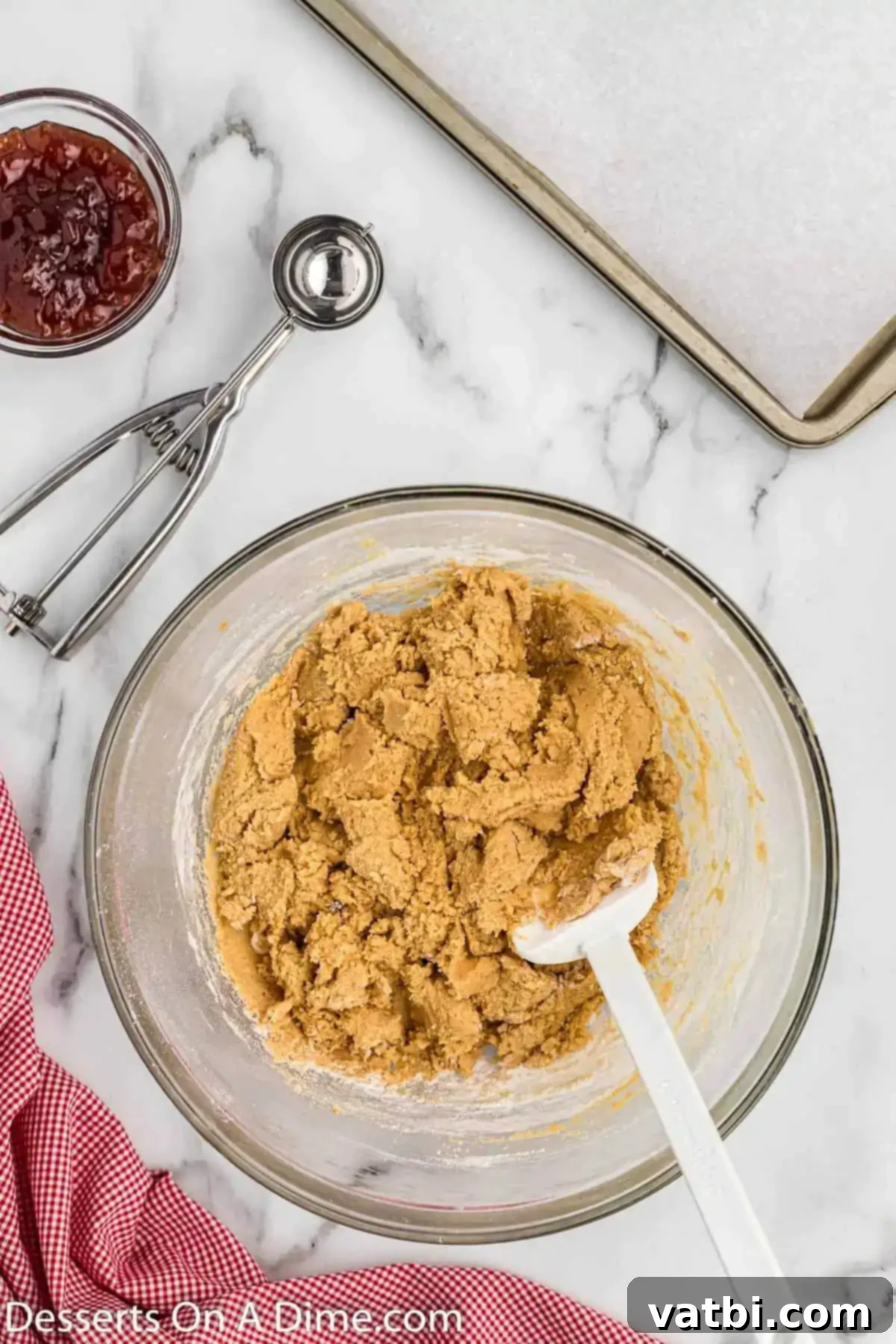 PB&J Cookie Perfection 6 Cookie dough in a bowl, perfectly mixed and ready to be shaped into balls.
