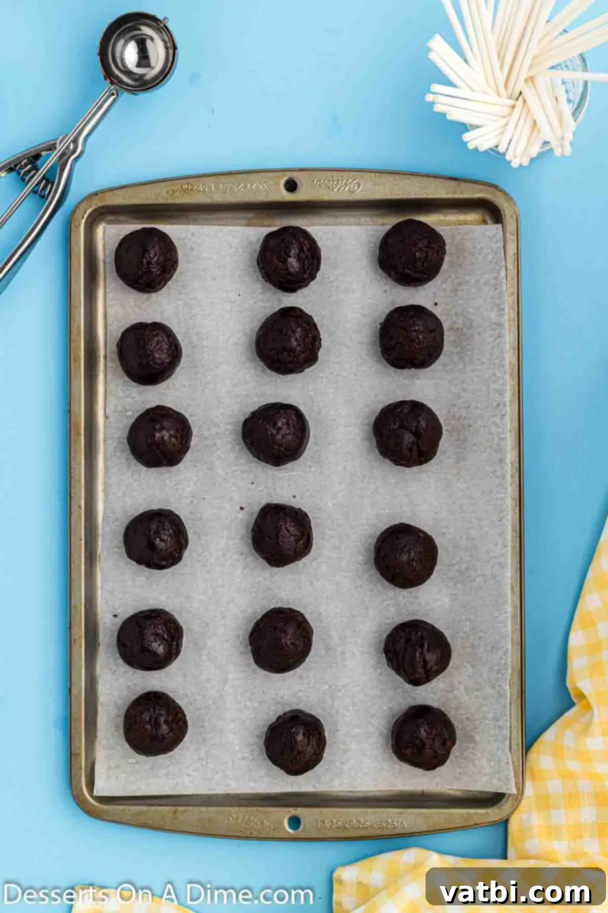 Bites of Brownie Bliss 6 Scooped and shaped brownie balls neatly arranged on a parchment-lined baking sheet, preparing for chilling.