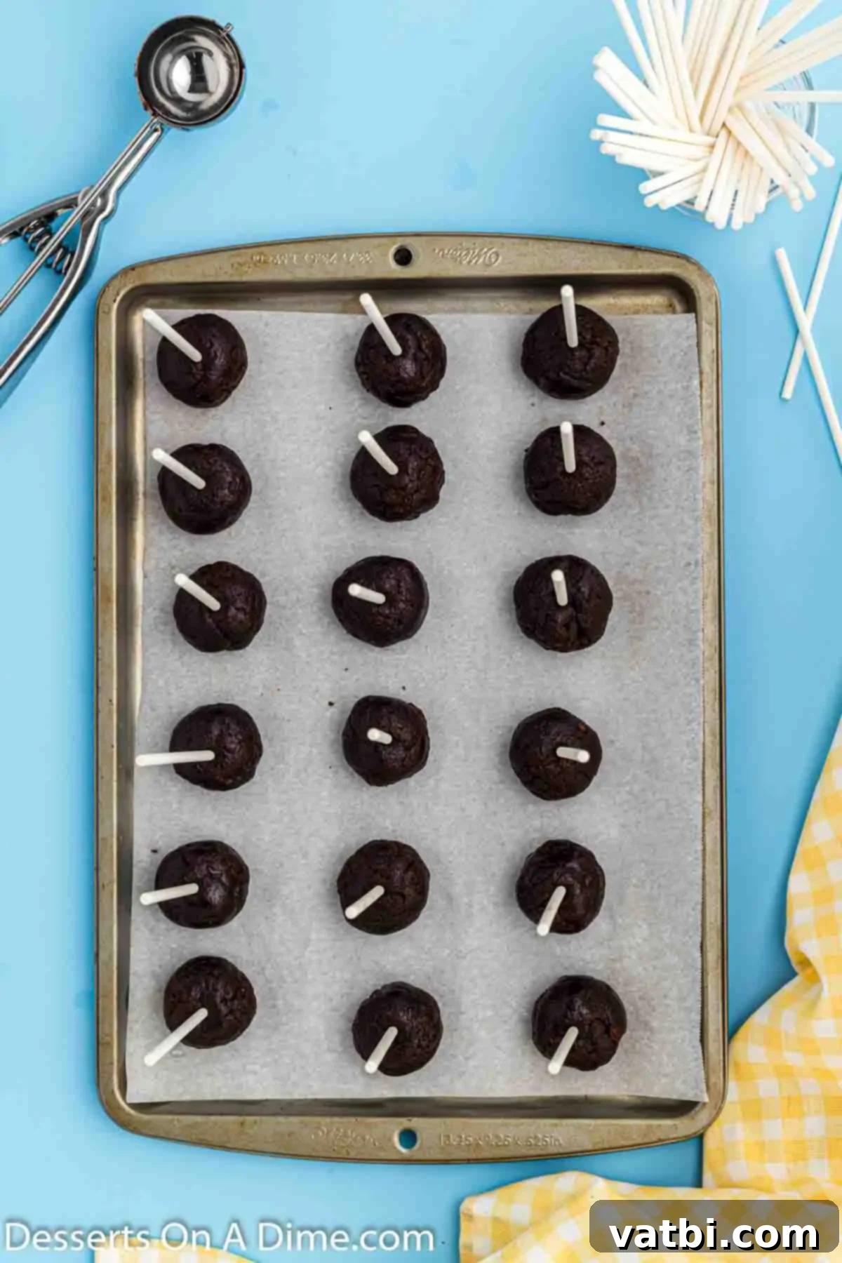 Bites of Brownie Bliss 7 Brownie balls with cake pop sticks inserted, ready to be frozen before dipping in chocolate.