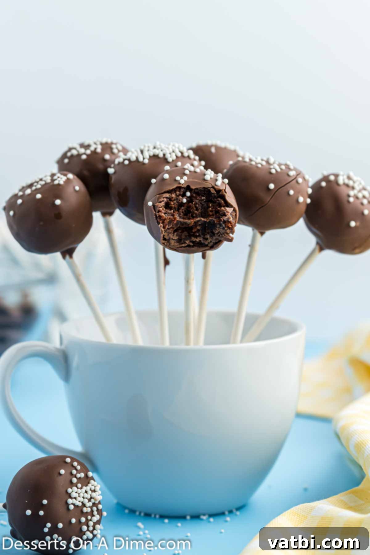 Bites of Brownie Bliss 10 Finished brownie cake pops displayed beautifully in a container with a Styrofoam base, showcasing their delicious appeal.