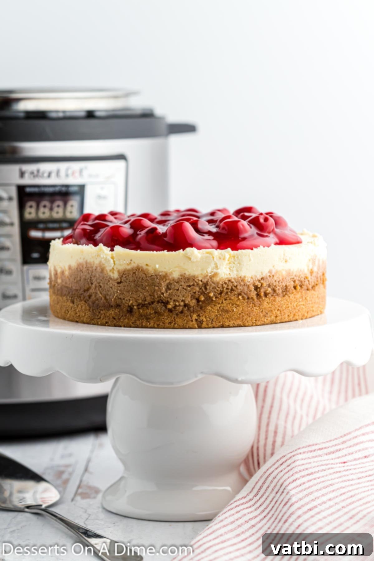 Instant Pot Cheesecake Perfection 2 Instant Pot cheesecake crowned with a generous layer of glistening cherry pie filling, ready to be served.