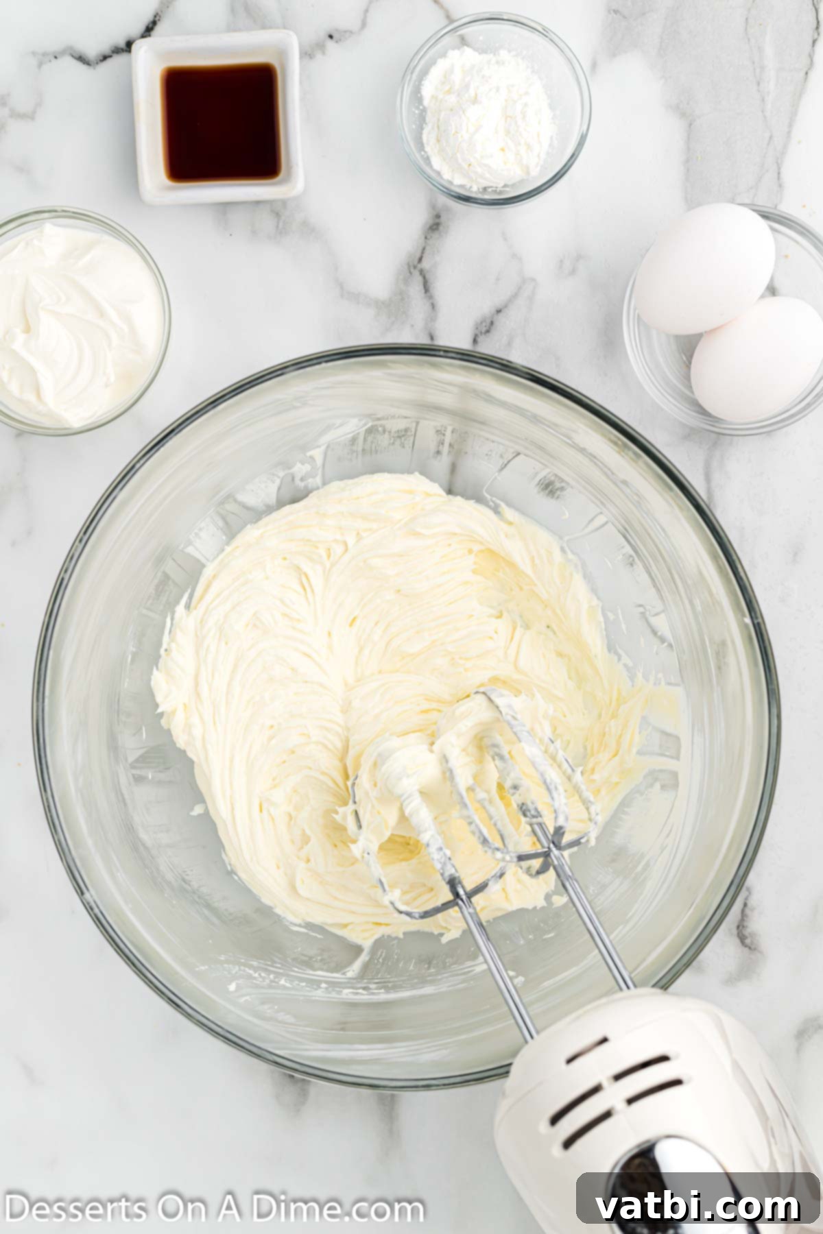 Instant Pot Cheesecake Perfection 4 Beating cream cheese until light and fluffy in a stand mixer for Instant Pot cheesecake.