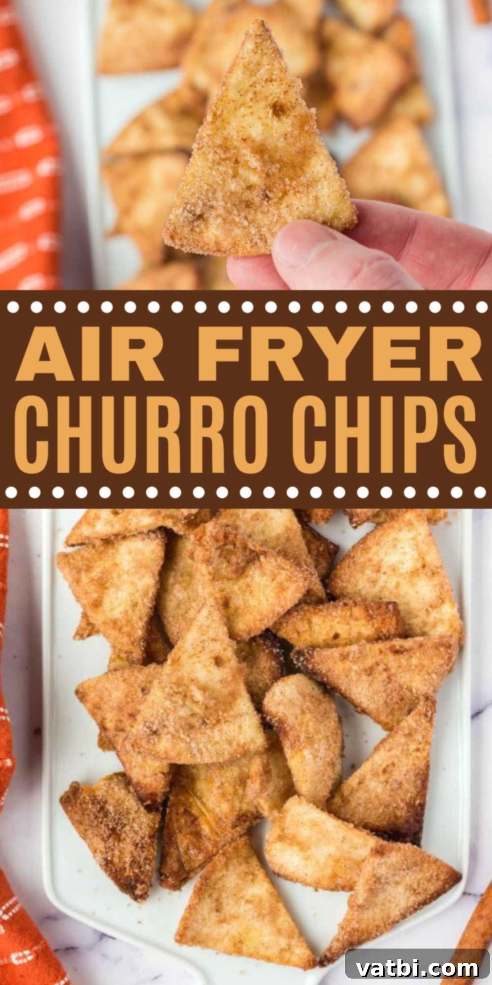 A vibrant and enticing image of Air Fryer Churro Chips, emphasizing their crispy texture and delicious cinnamon sugar coating, ready for dipping.
