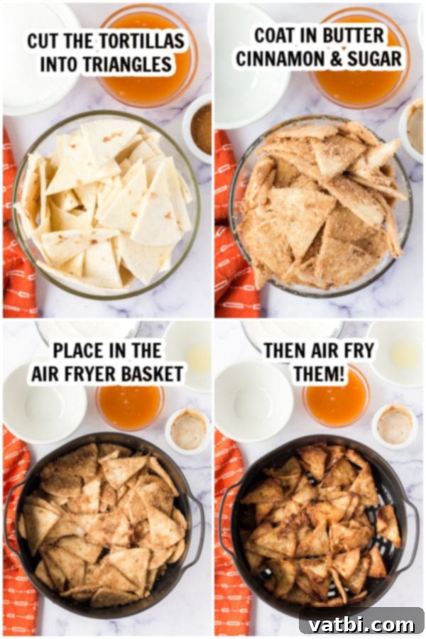 A collage of process photos showing how to make Air Fryer Churro Chips, from cutting tortillas to coating them in cinnamon sugar and placing them in the air fryer.
