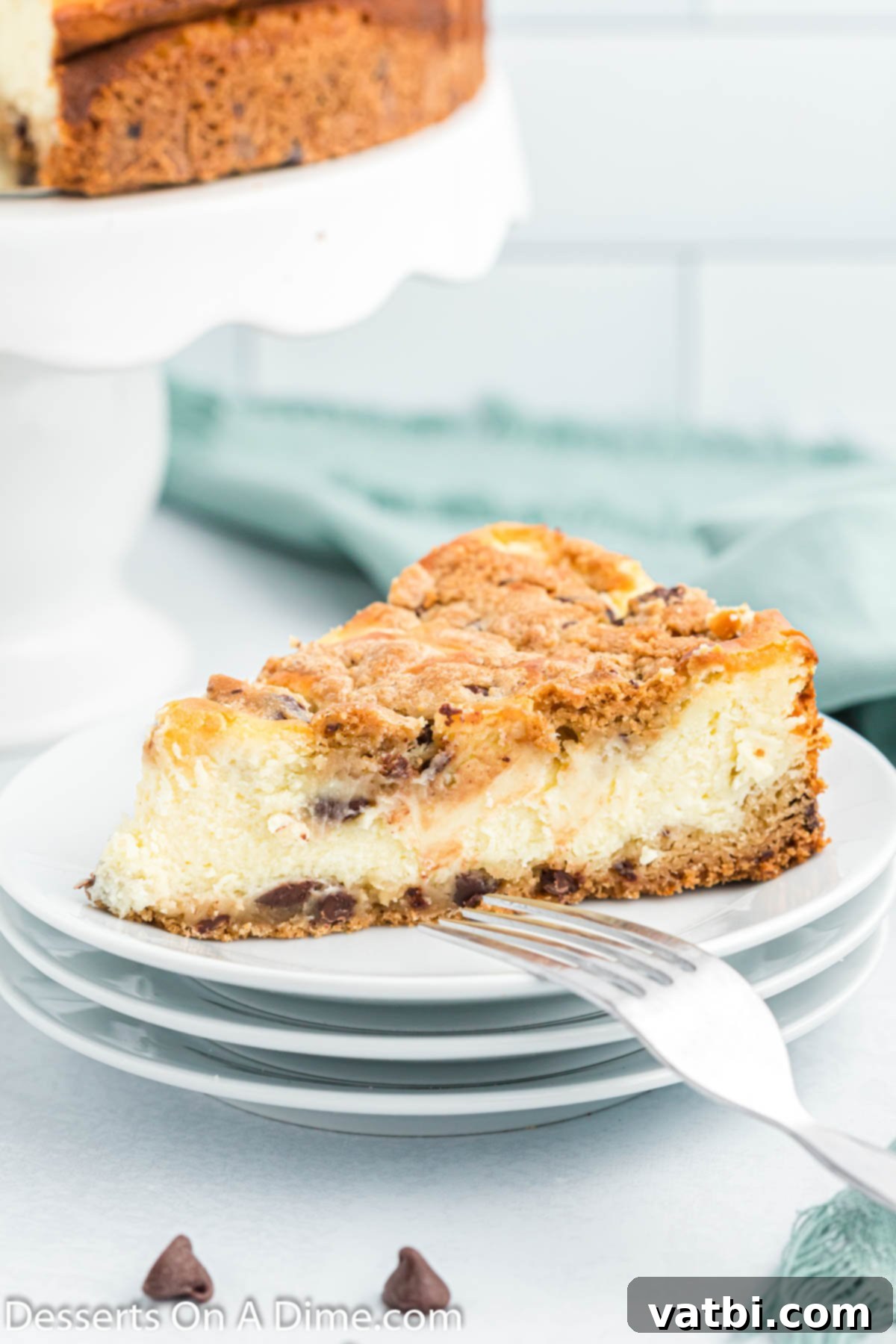 Chocolate Chip Cookie Cheesecake 2 A beautifully sliced Chocolate Chip Cookie Cheesecake on a dessert plate, showcasing its distinct layers.