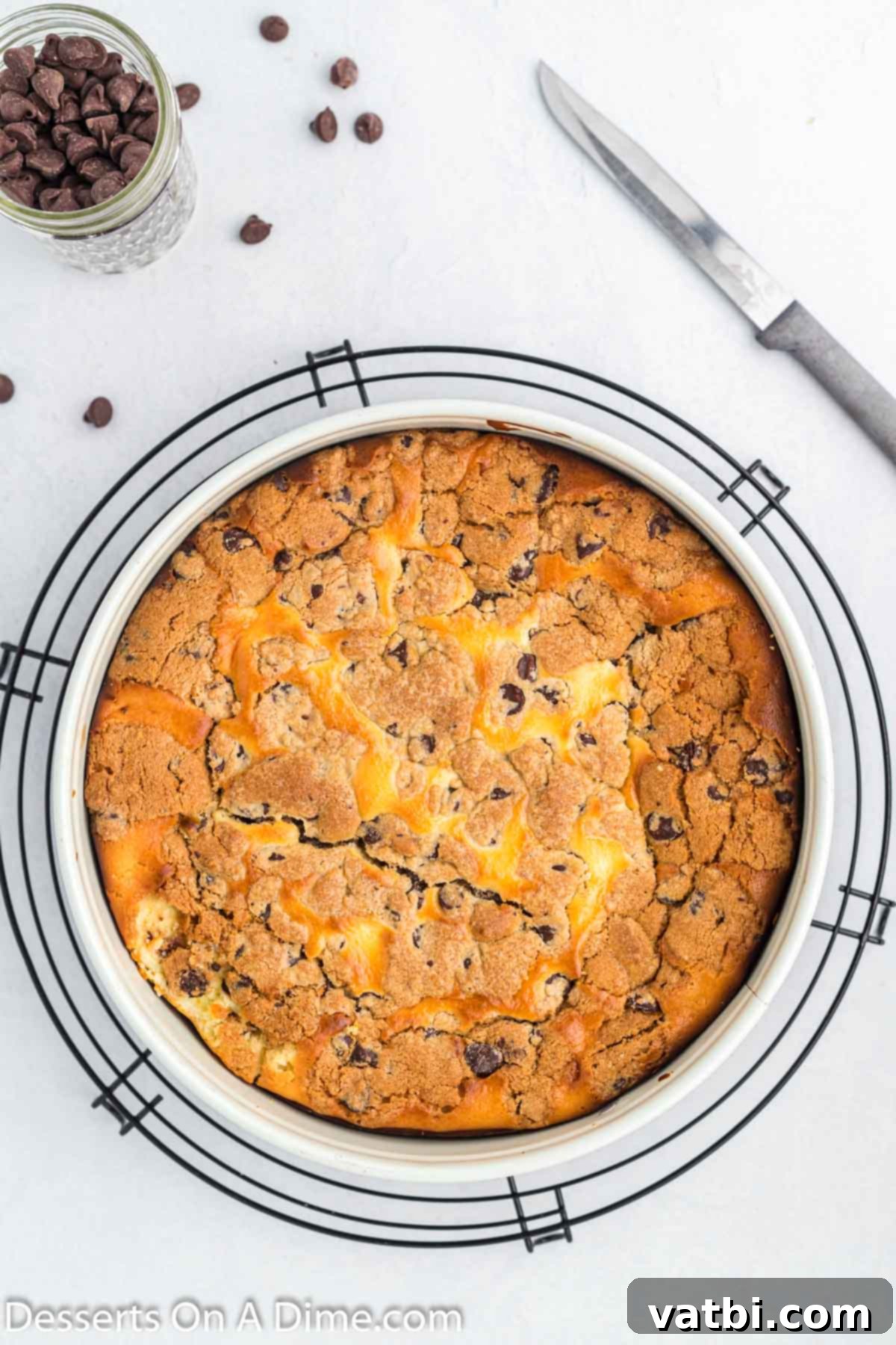 Chocolate Chip Cookie Cheesecake 7 The baked cheesecake cooling down in the oven with the door slightly ajar.