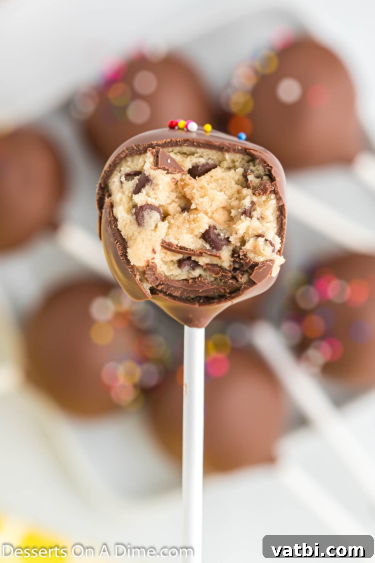 Bite-Sized Cookie Dough Bliss 2 Cookie dough cake pop close up.