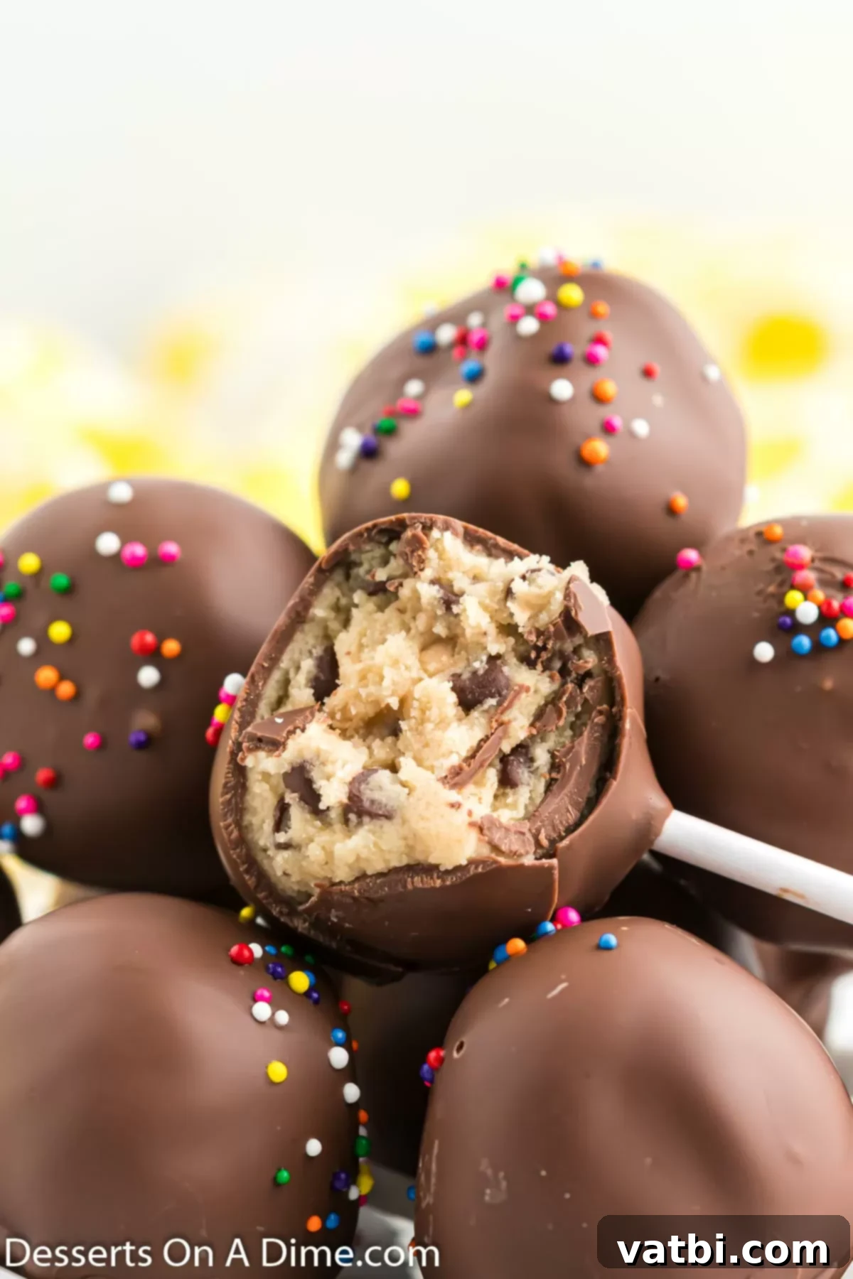 Bite-Sized Cookie Dough Bliss 12 Close up photo of cookie dough cake pops.