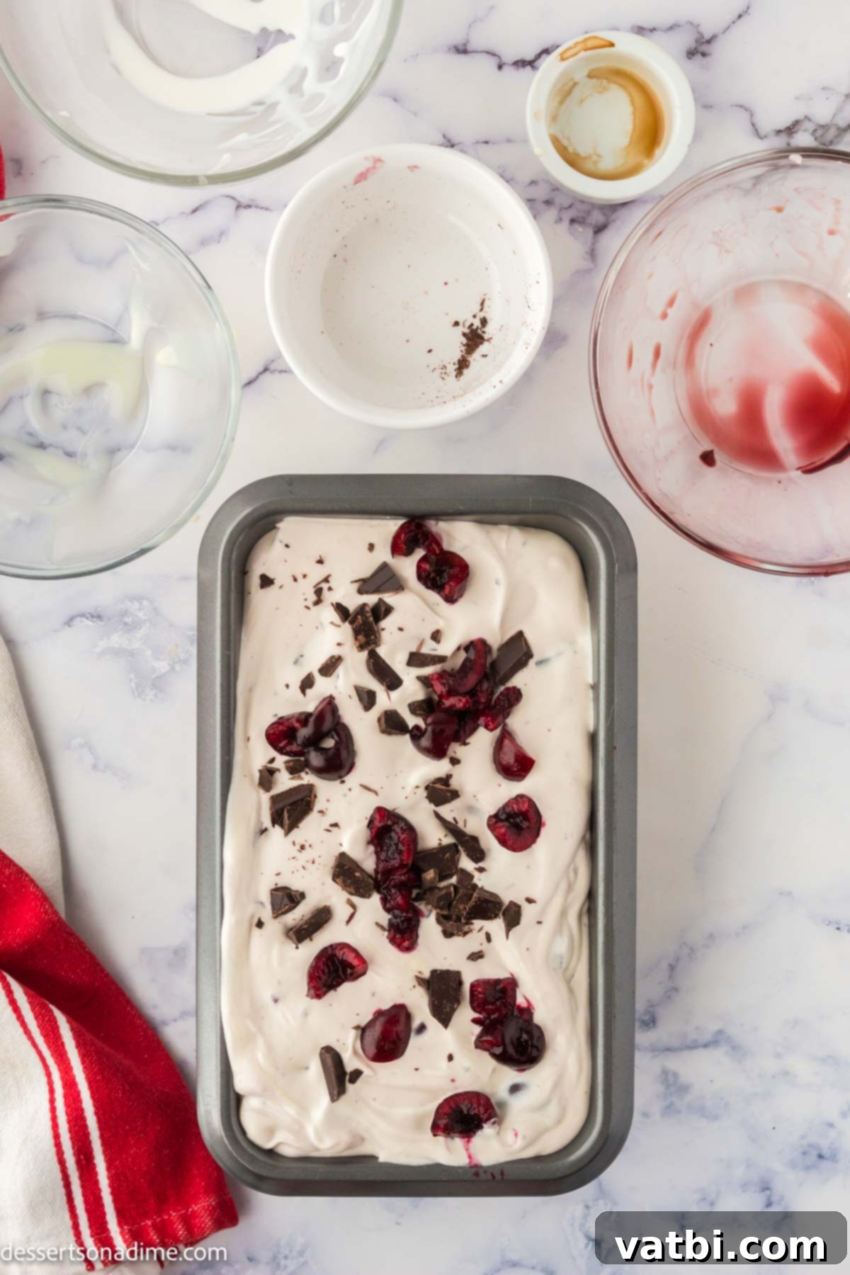 Homemade Cherry Garcia Ice Cream 6 Ice cream mixture spread into a metal loaf pan, ready for freezing.