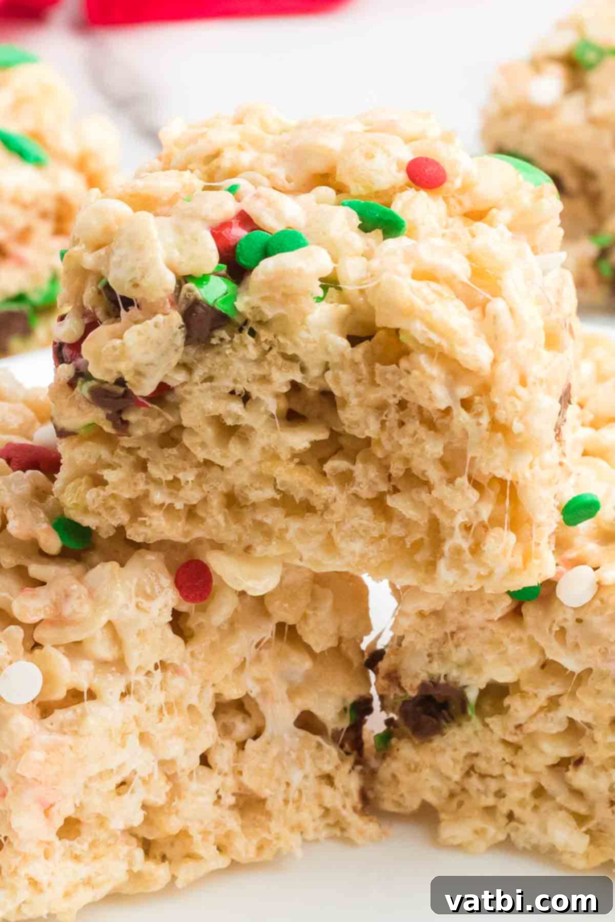Close up photo of Christmas rice krispie treats cut into bars.
