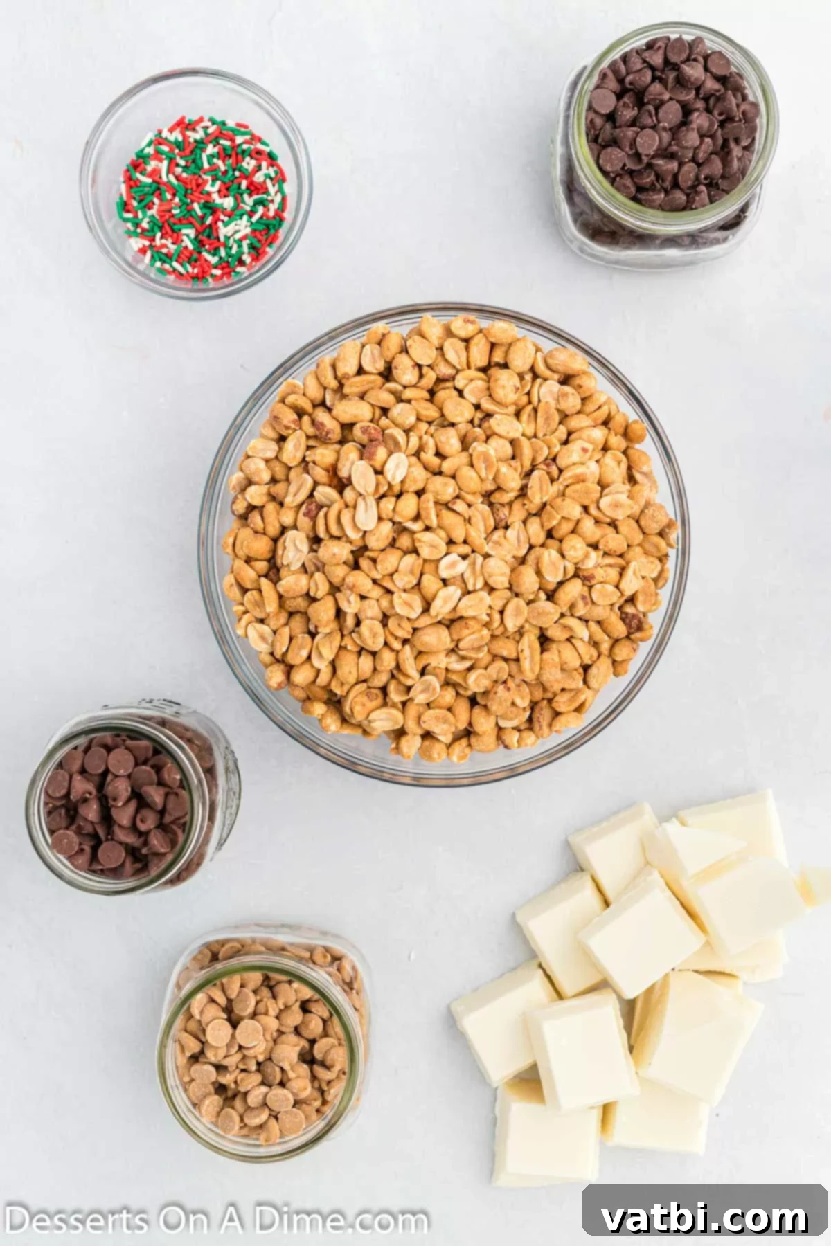 Ingredients for Crock pot Christmas candy- peanuts, chocolate, almond bark, sprinkles.