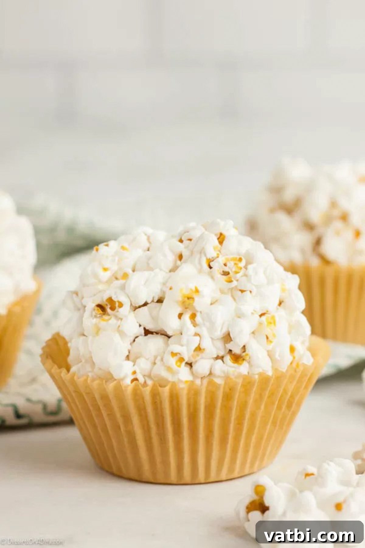Your entire family will love this easy popcorn balls recipe. Learn how to make old fashioned popcorn balls that are great for Halloween or Fall. It's easier than you think to make these quick popcorn balls with kart syrup. #dessertsonadime #popcornballs #dessertrecipes Close up of a popcorn ball with other popcorn balls behind it, highlighting the sweet and salty texture