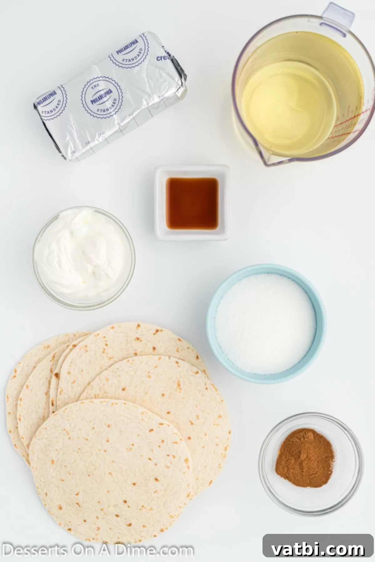 Crispy Cheesecake Dessert Chimis 3 Ingredients for Cheesecake chimichanga- vanilla, cream cheese, tortillas, sour cream, oil, sugar.