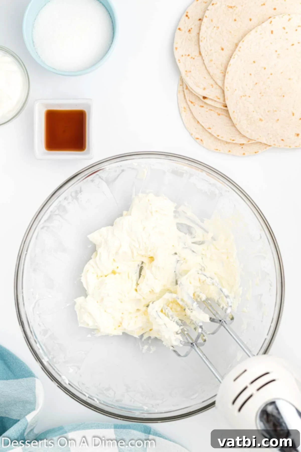 Crispy Cheesecake Dessert Chimis 4 Mixing bowl with cream cheese.