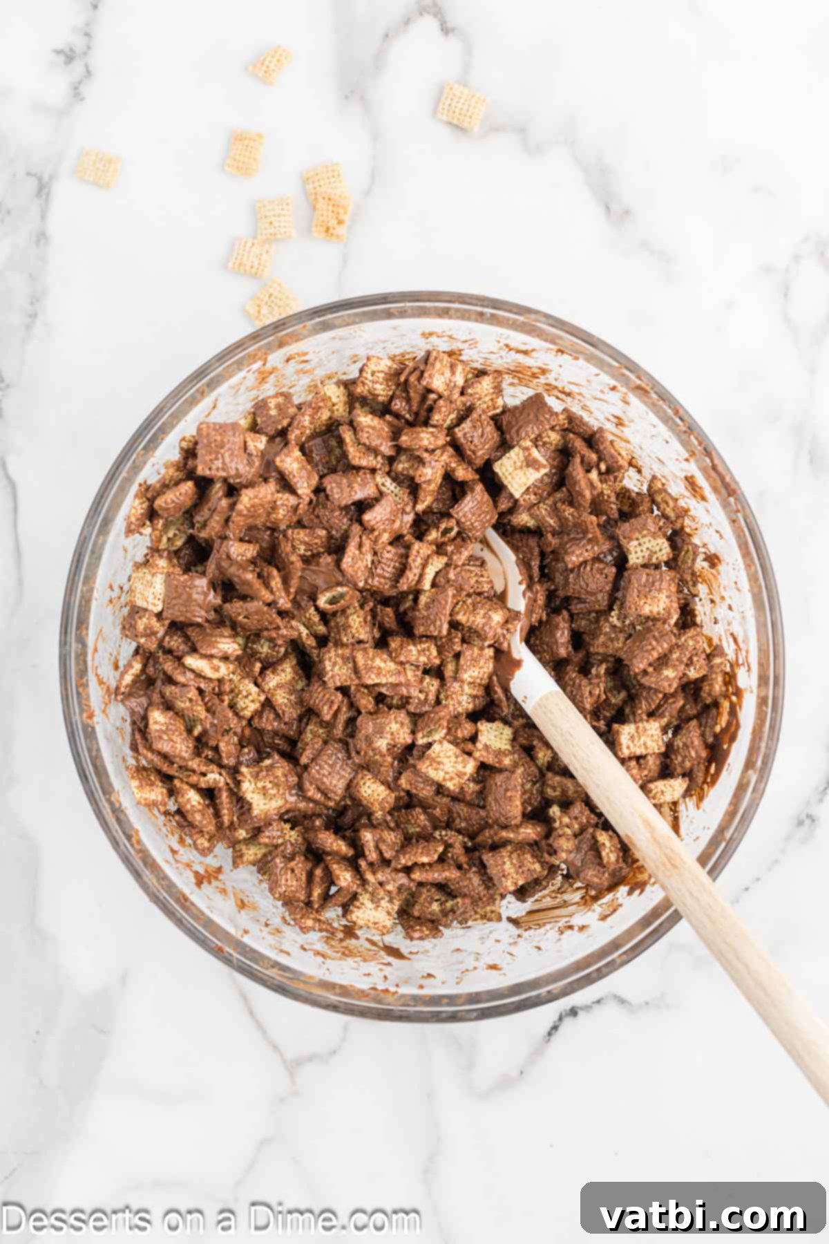 Cozy Cocoa Crunch Mix 6 Coated cereal in bowl combined.