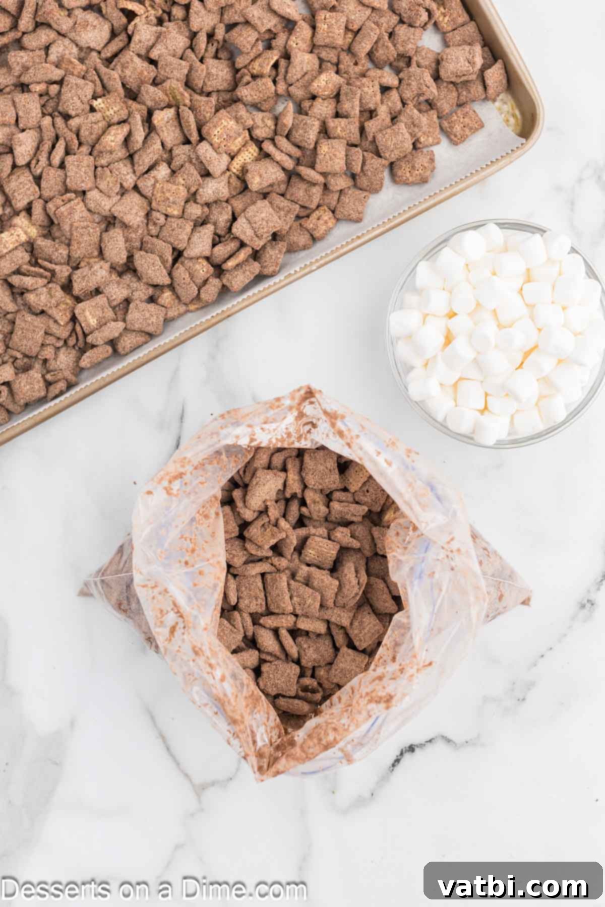 Cozy Cocoa Crunch Mix 8 Cereal coated in cocoa mix in a bag.