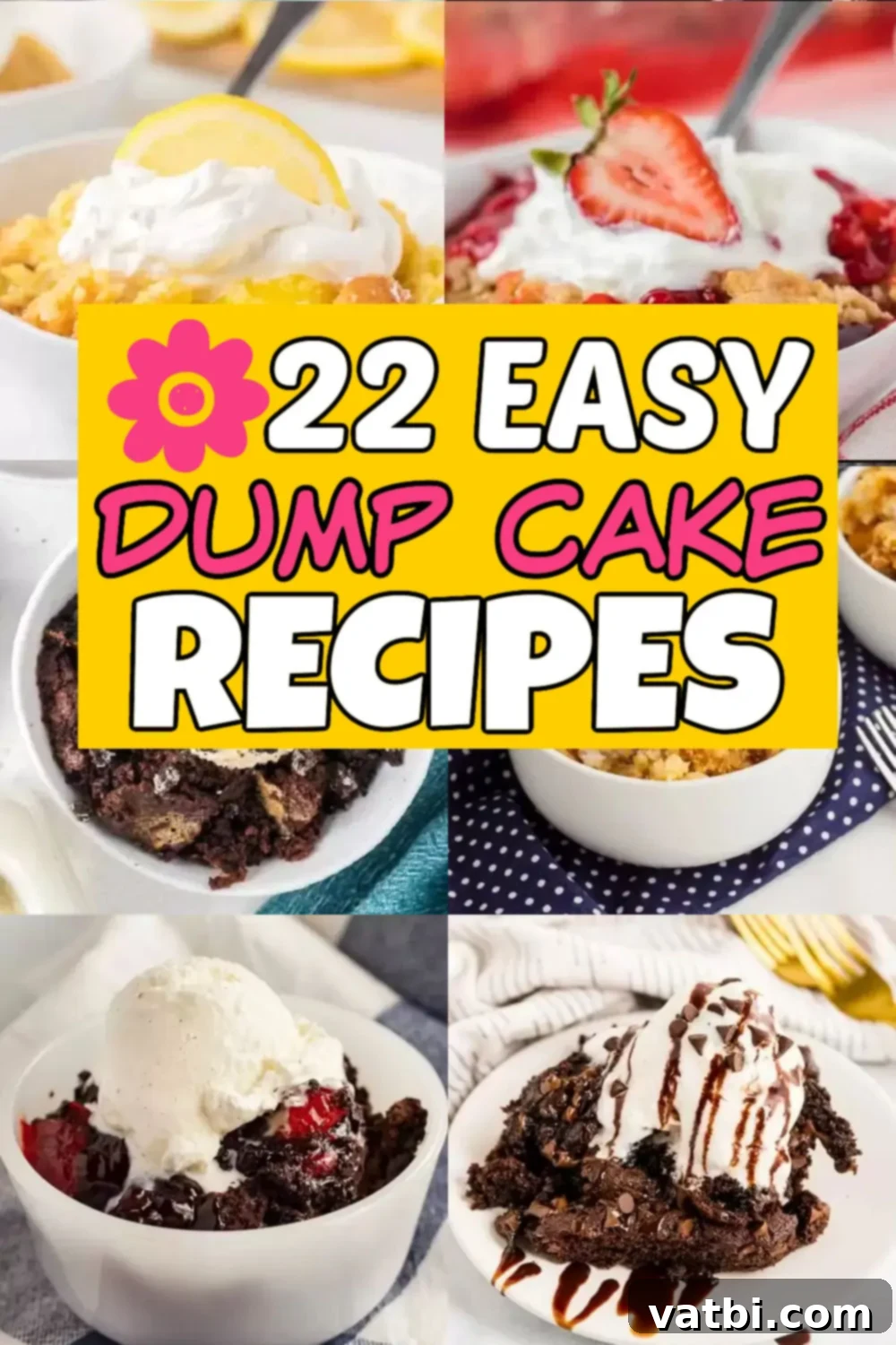 Effortless Dump Cake Delights 2 A vibrant array of delicious dump cakes, showcasing various flavors from fruity to chocolate, inviting bakers to explore these easy 'toss and go' dessert recipes.