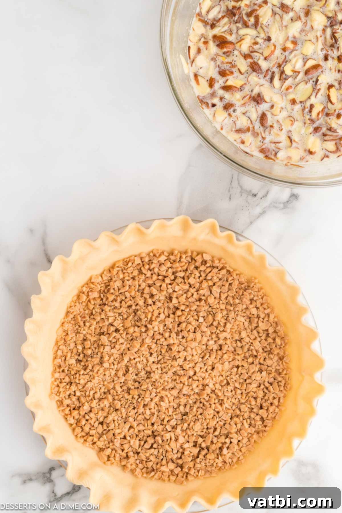 Rich Toffee Almond Indulgence 7 Toffee crumbs sprinkled on pie crust.