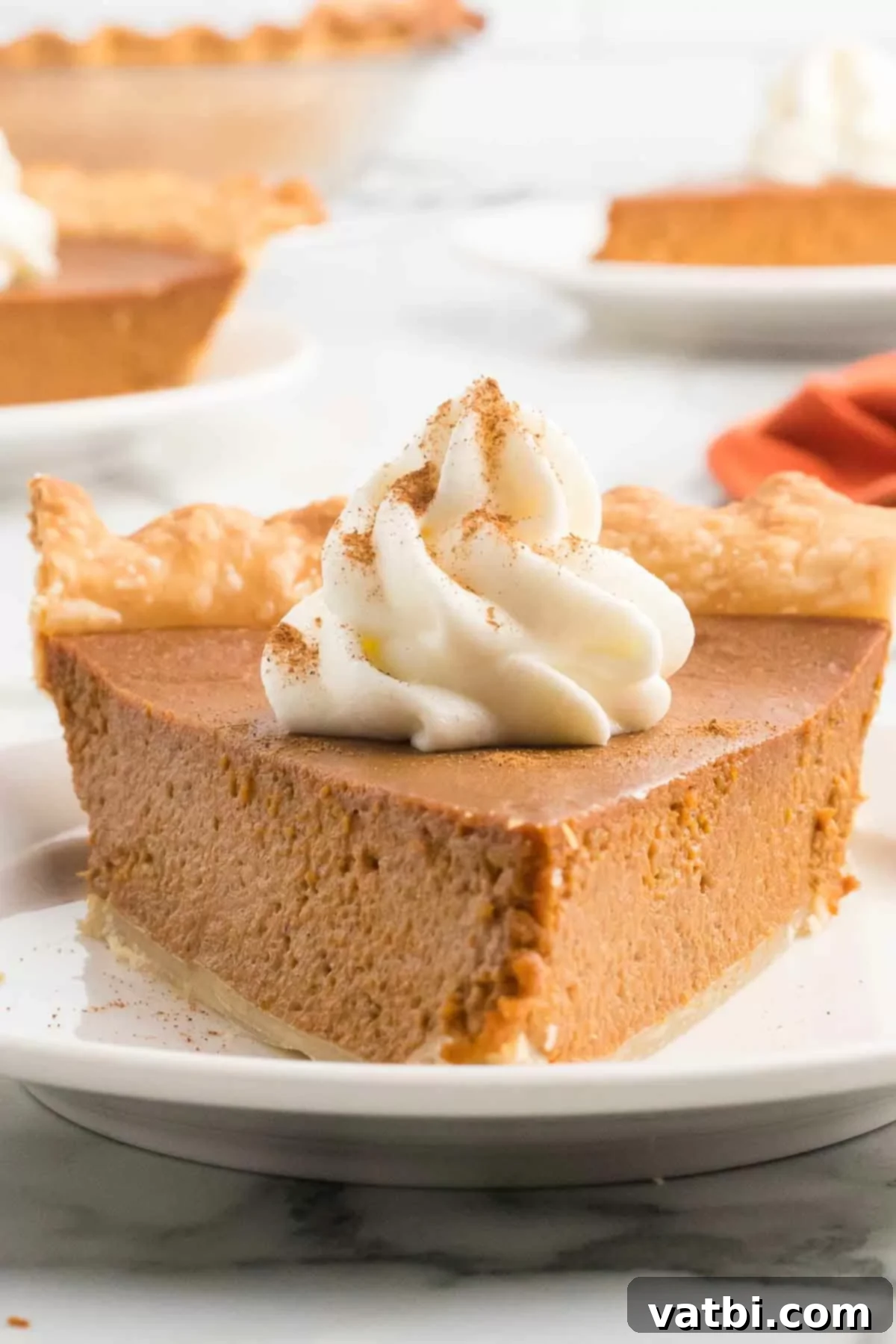 Dulce De Leche Swirl Pumpkin Pie 6 A delectable slice of Dulce De Leche Pumpkin Pie adorned with a generous swirl of cool whip on top, ready to be enjoyed.