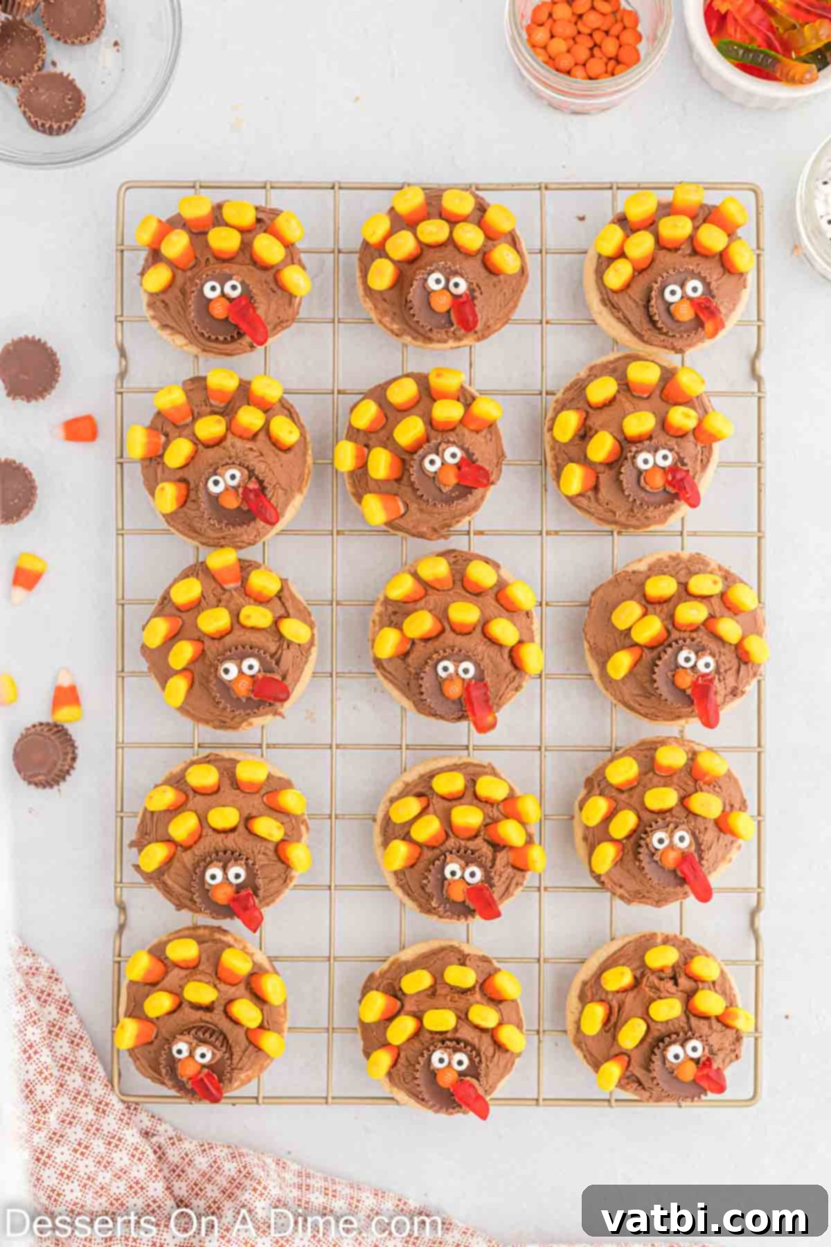 Cookies decorated with candy to make turkey faces.