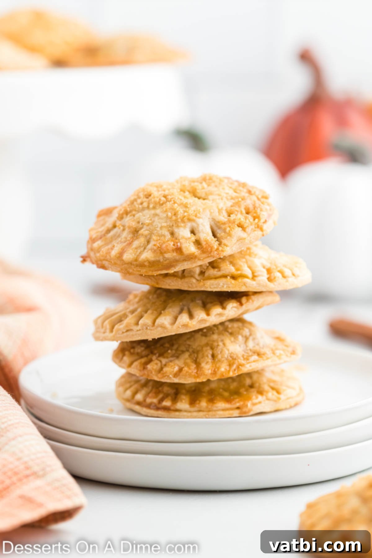 Pumpkin Pie Cookies 10 Pumpkin pie cookies stacked on a white plate.