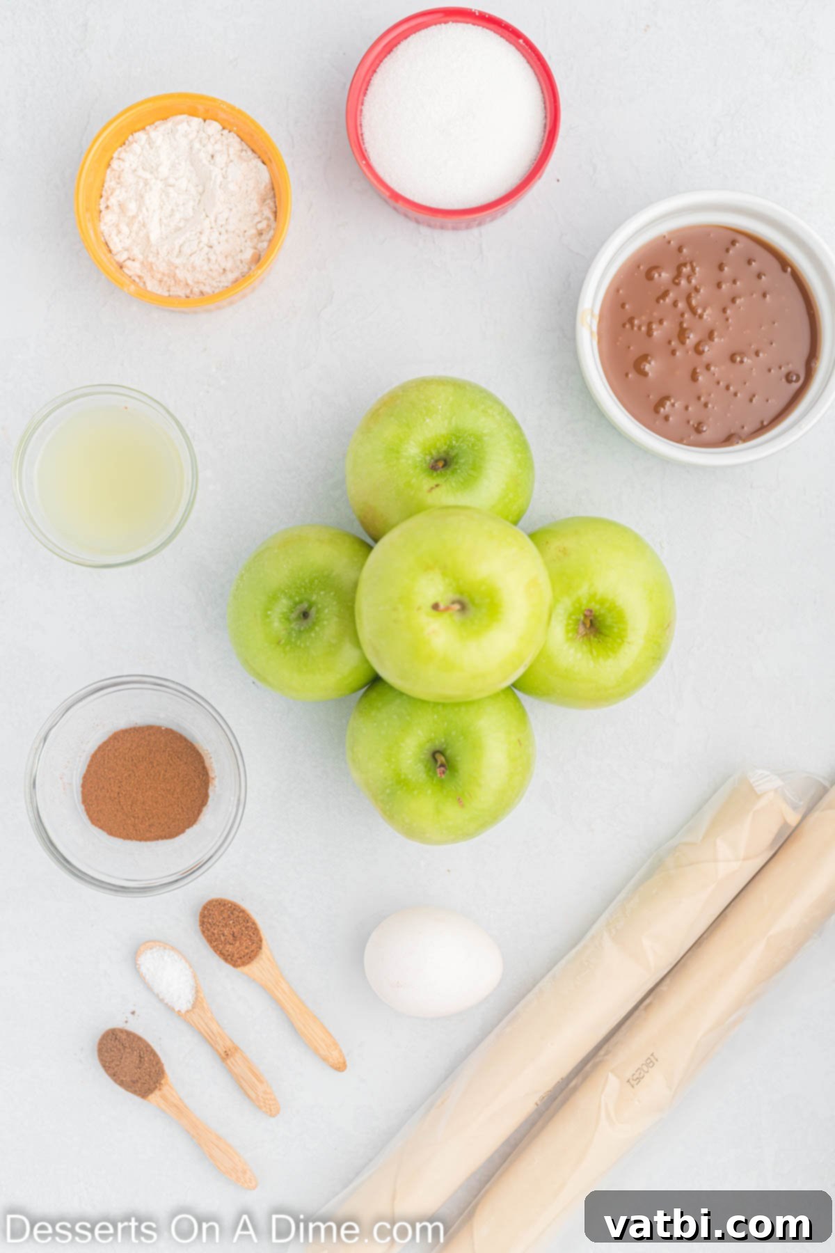 Indulgent Salted Caramel Apple Pie 3 Ingredients for Salted Caramel Apple Pie - pie crust, salted caramel sauce, granny smith apples, lemon juice, flour, cinnamon, eggs, sugar.