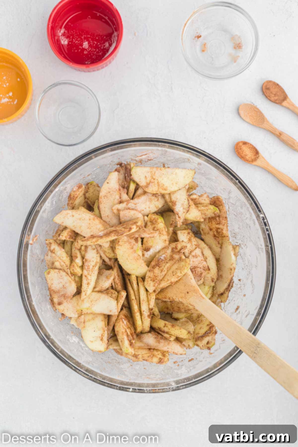 Indulgent Salted Caramel Apple Pie 6 Apples mixed together and coated in spices.