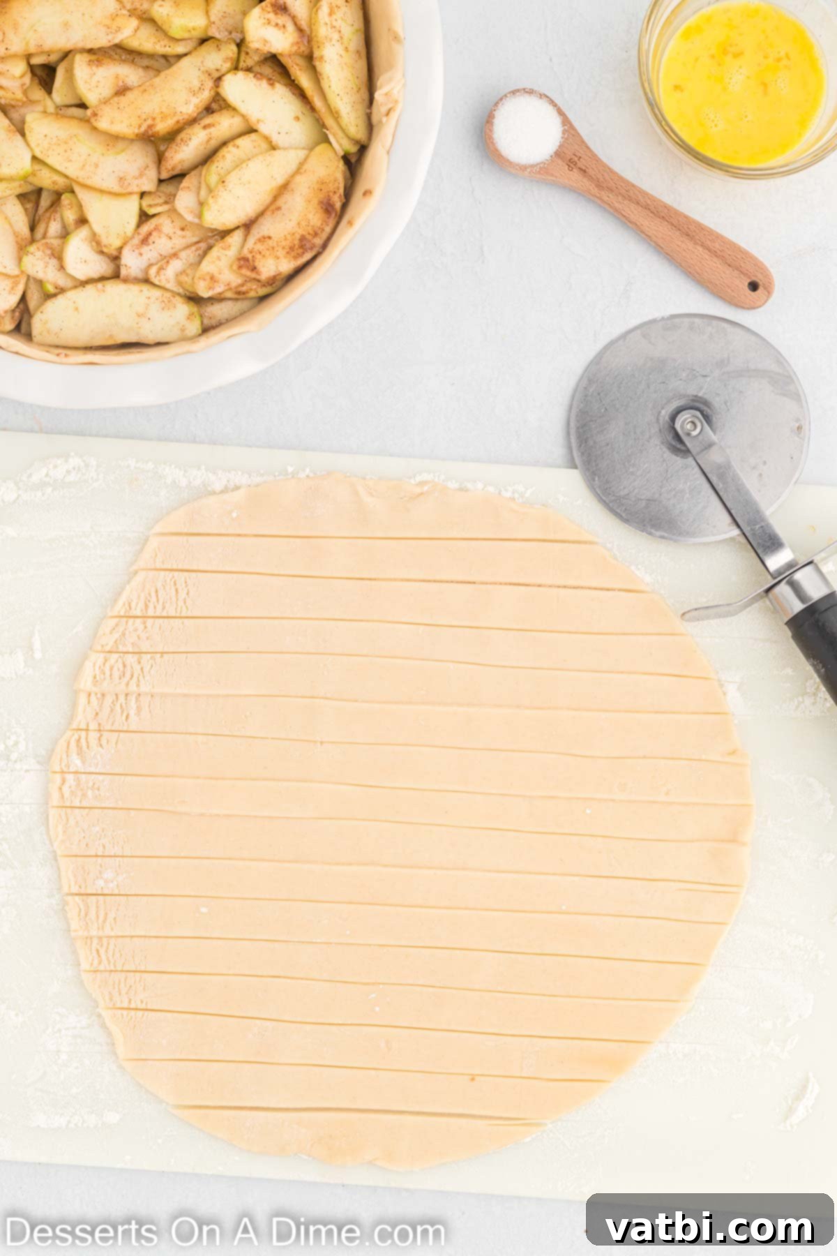 Indulgent Salted Caramel Apple Pie 8 Pie dough cut into pieces to make lattice.