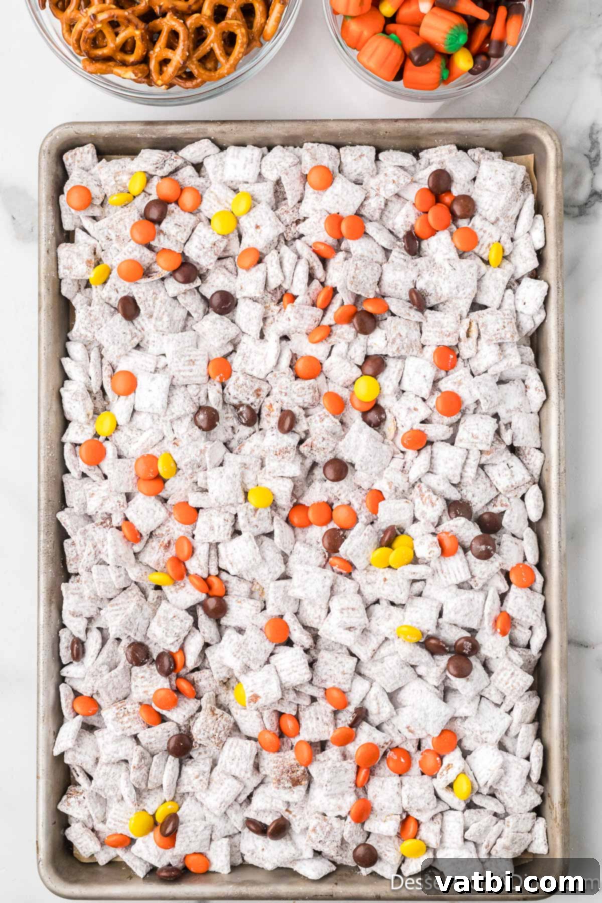Perfect Harvest Puppy Chow Recipe 12 Candy added to cooled cereal mixture.