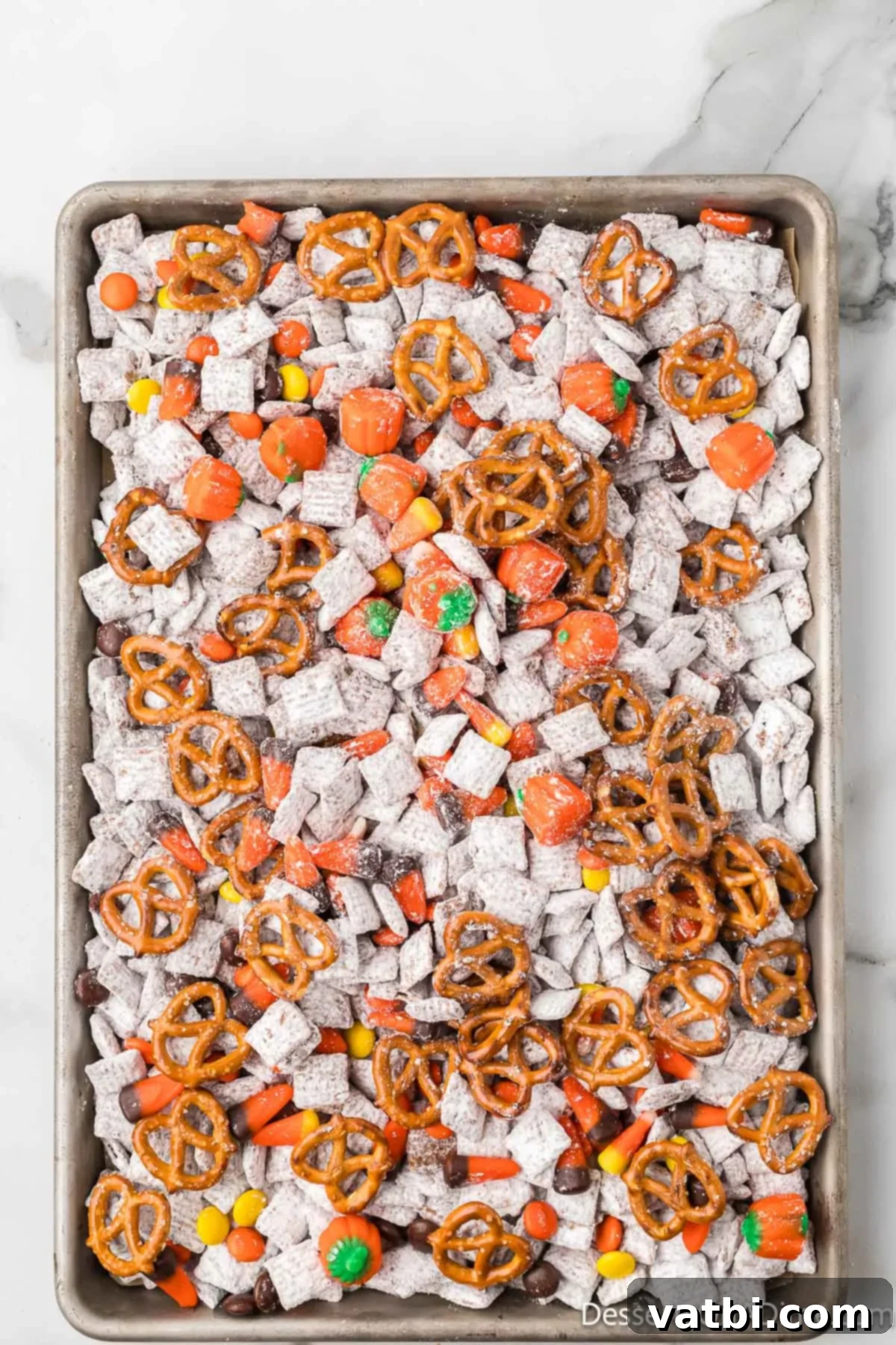 Perfect Harvest Puppy Chow Recipe 13 More candy and pretzels added to cereal.