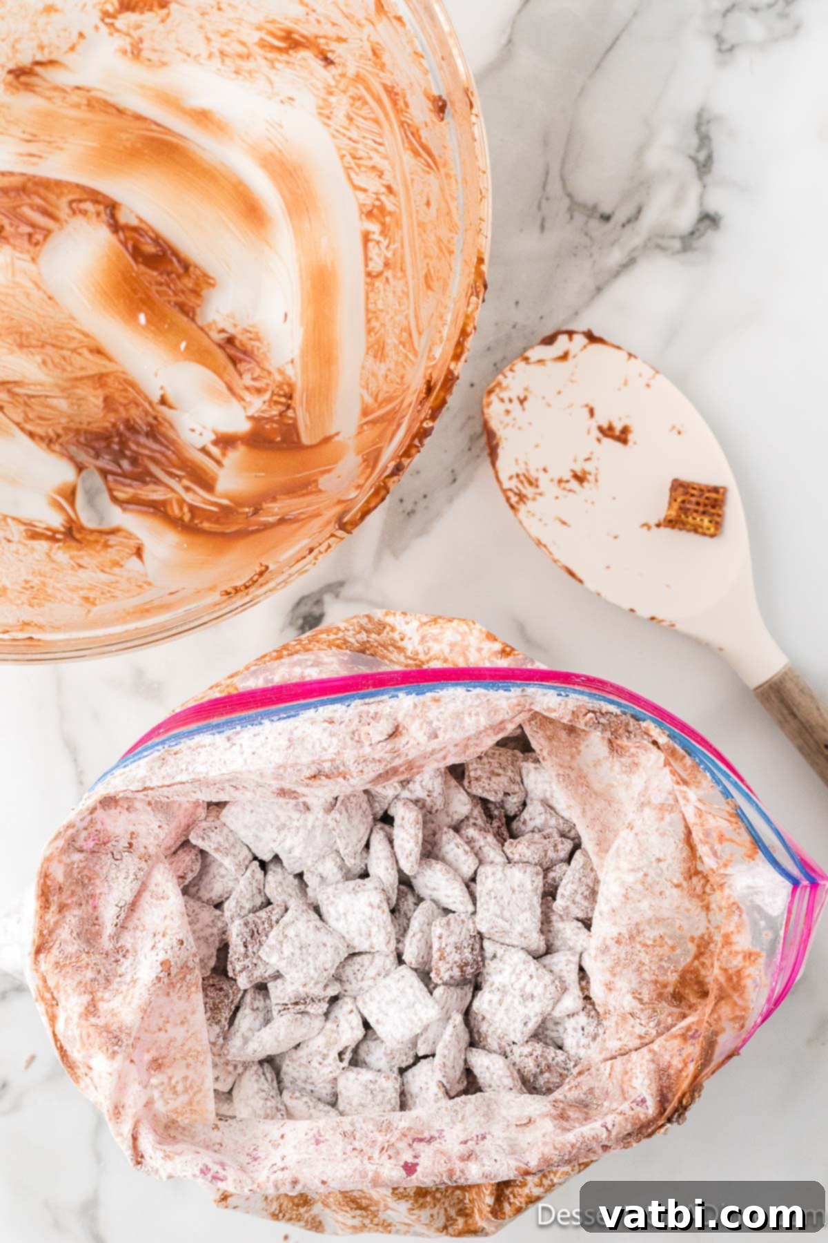 Perfect Harvest Puppy Chow Recipe 10 Bag sealed and shaken to combine.