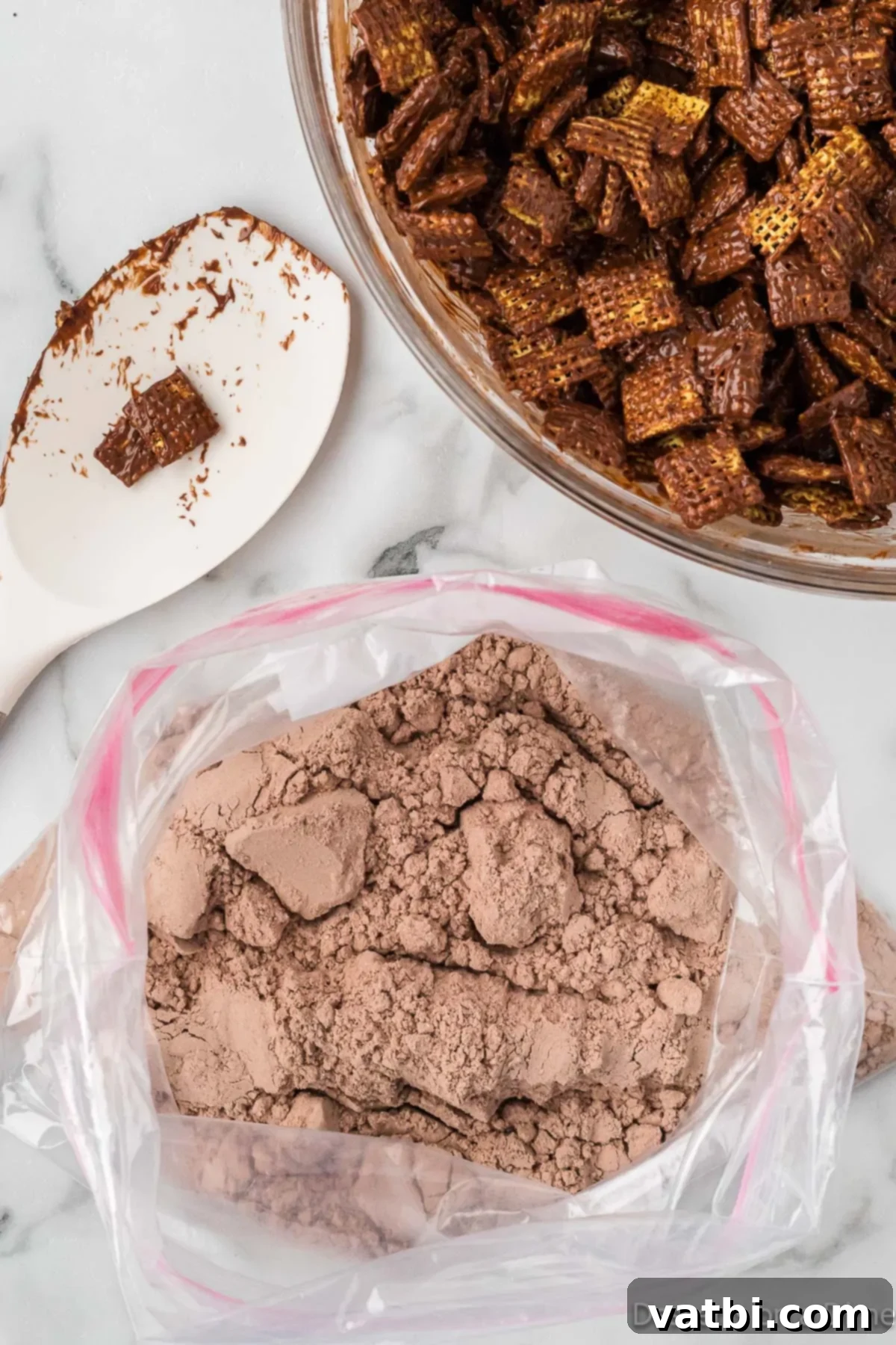 Decadent Brownie Muddy Buddies 8 A resealable plastic bag filled with dry brownie mix.