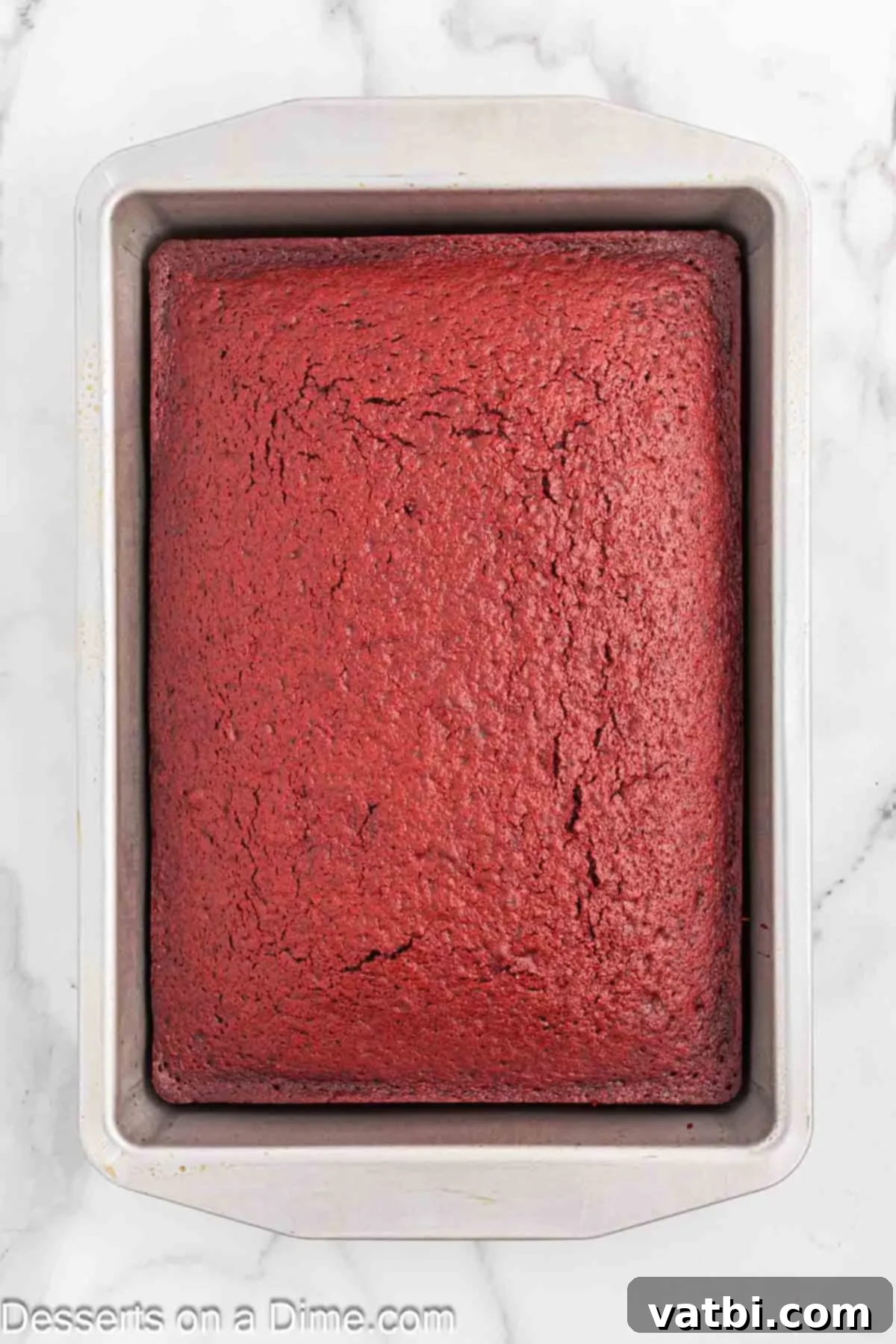 Red Velvet Dream Cups 4 Freshly baked red velvet cake cooling in a 9x13 inch pan.