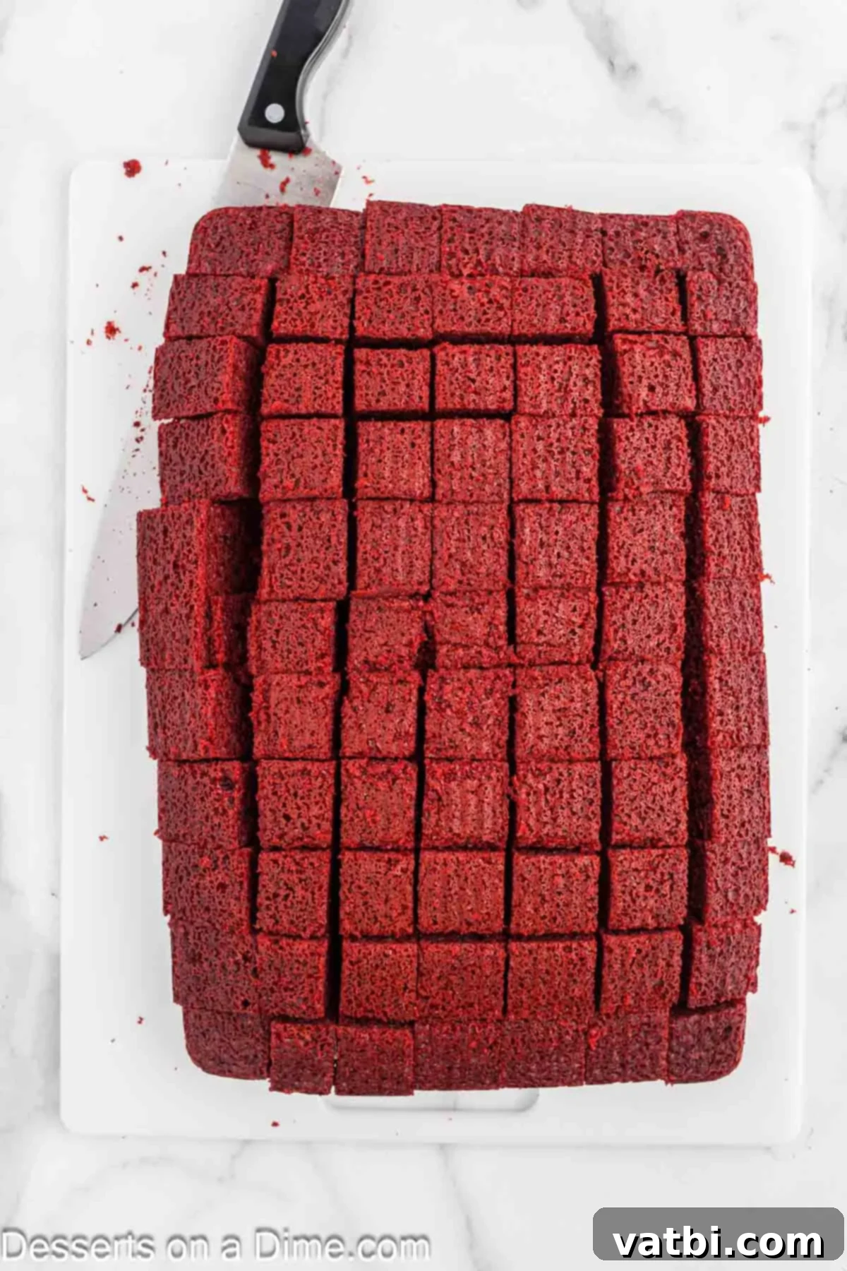 Red Velvet Dream Cups 5 Baked red velvet cake cut into uniform cubes, ready for layering.