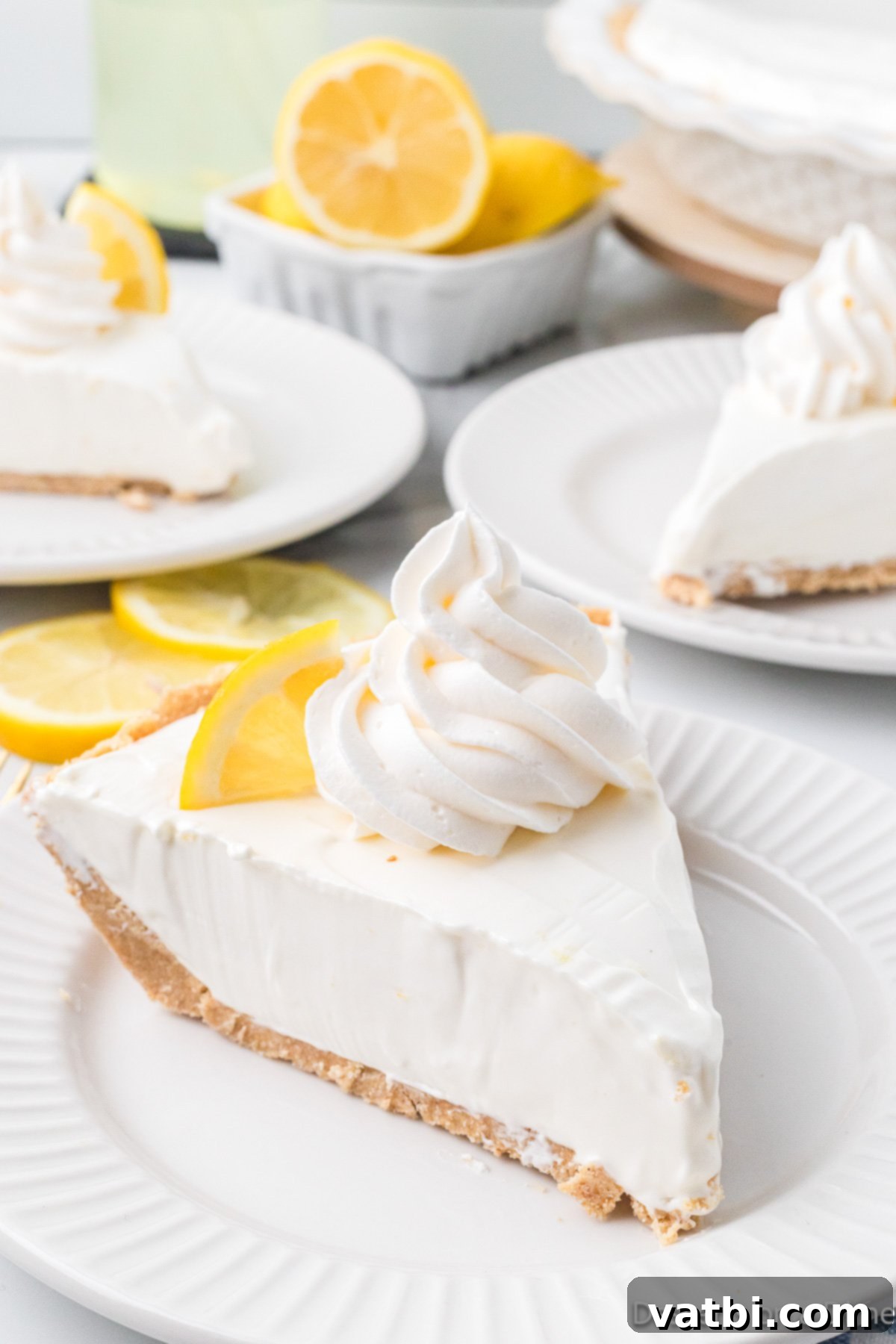Tangy Lemon Delight 2 Lemonade Pie sliced on a plate.