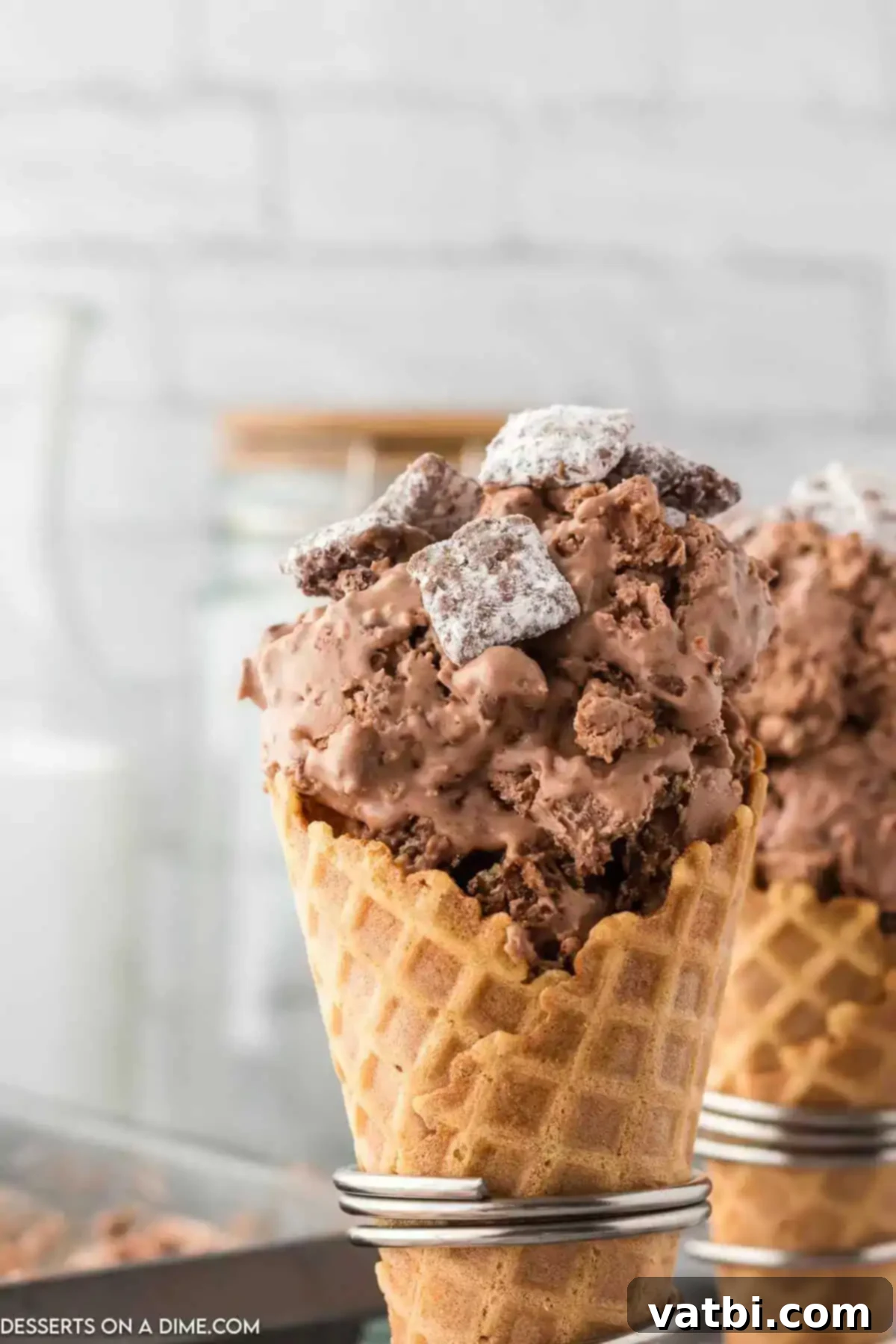 Decadent Puppy Chow Ice Cream 7 Puppy chow ice cream in cones.