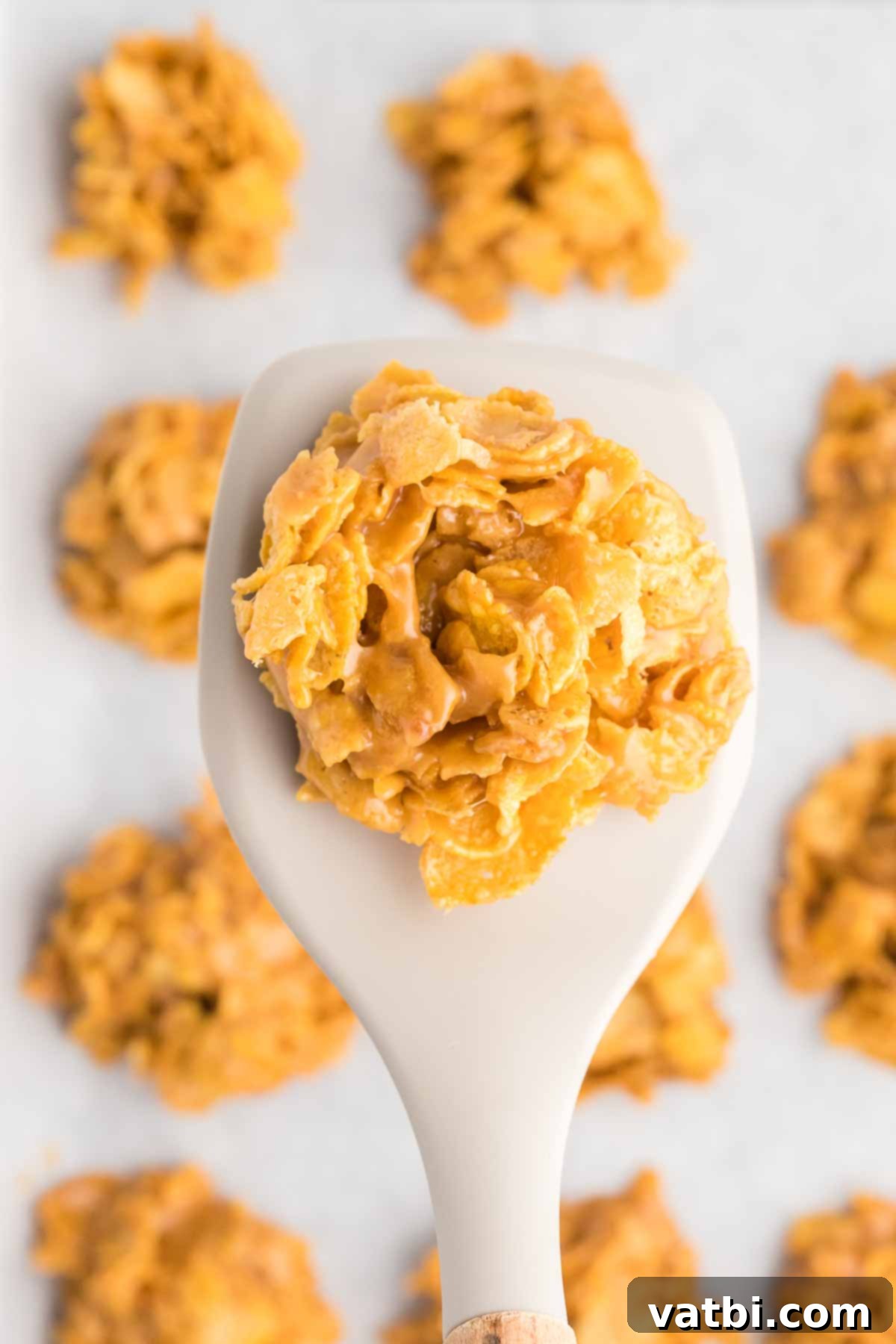 Close-up of a delicious no-bake peanut butter cornflake cookie with a golden crunch, showcasing its texture and enticing appearance.