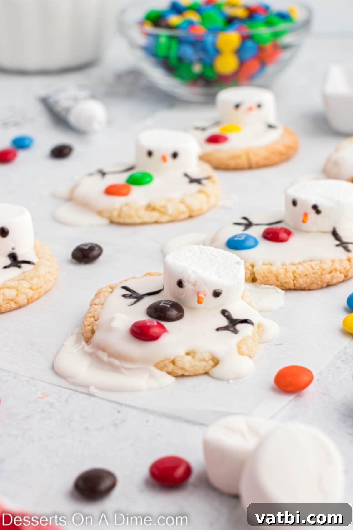 Adorable Melted Snowman Cookies 8 Melted snowman cookie up close.