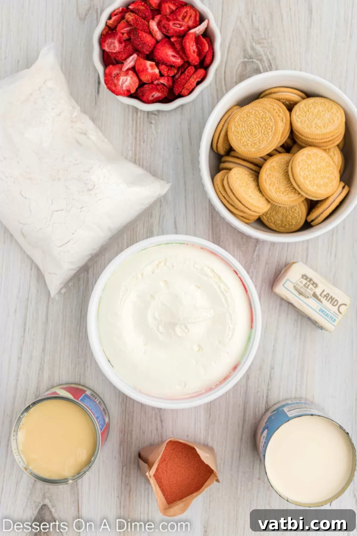 Strawberry Crunch Poke Cake 3 Ingredients needed - white cake mix, strawberry gelatin powder, evaporated milk, condensed milk, cool whip, golden oreos, strawberries, butter arranged on a counter